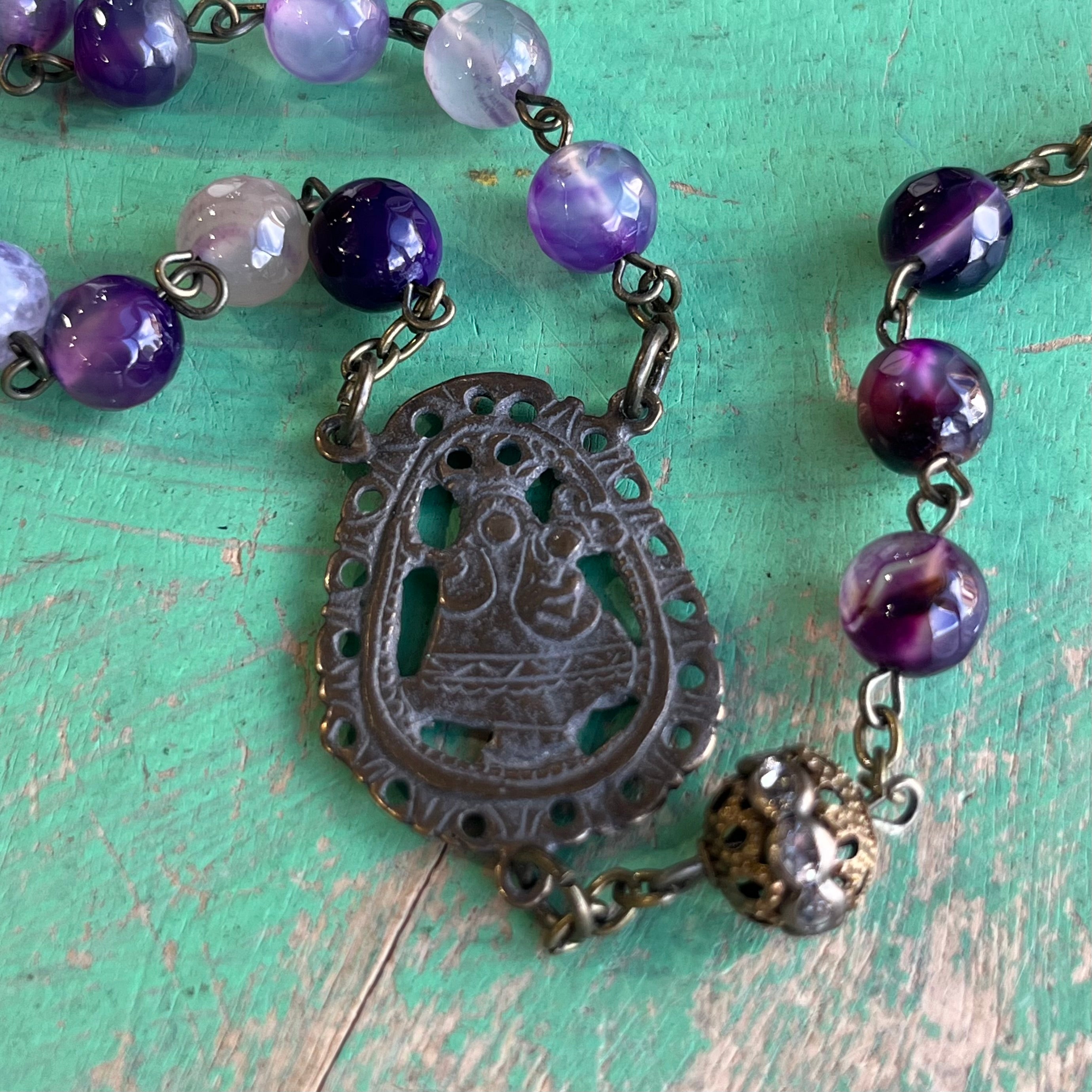 Agate Purple Bronze Madonna and Child Rosary
