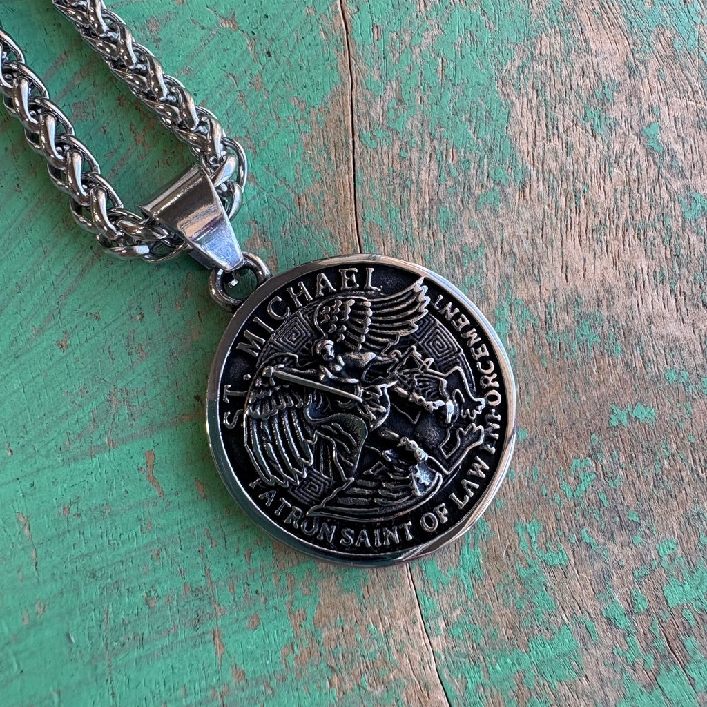 Stainless Steel Round St Michael Pendant Necklace