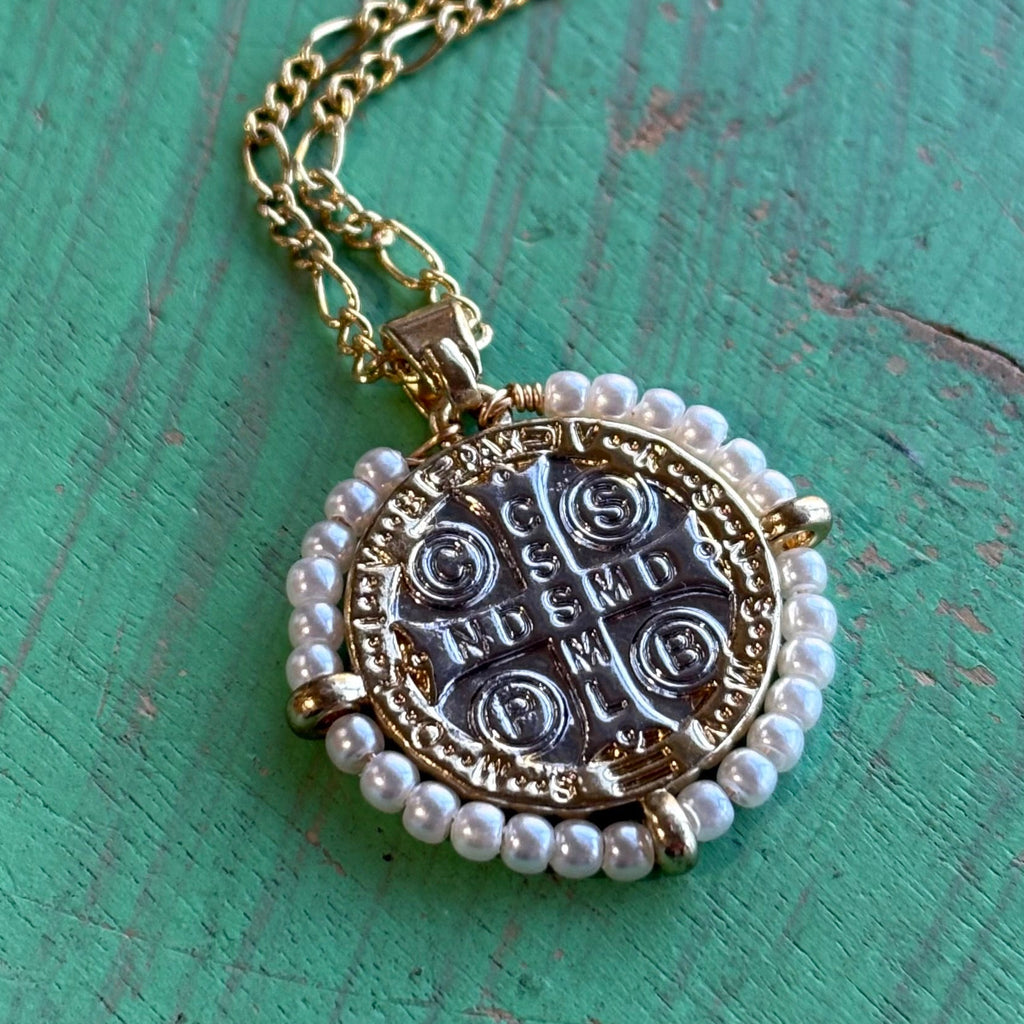 Two Tone Pearl St Benedict Necklace or Earrings