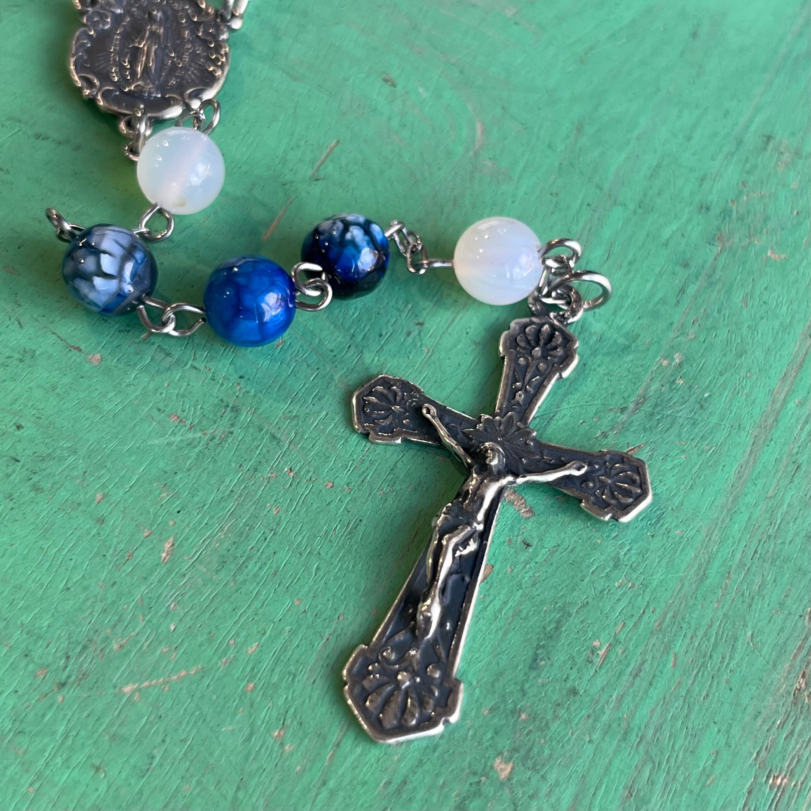 Agate Blue Silver Plated Miraculous Medal Rosary