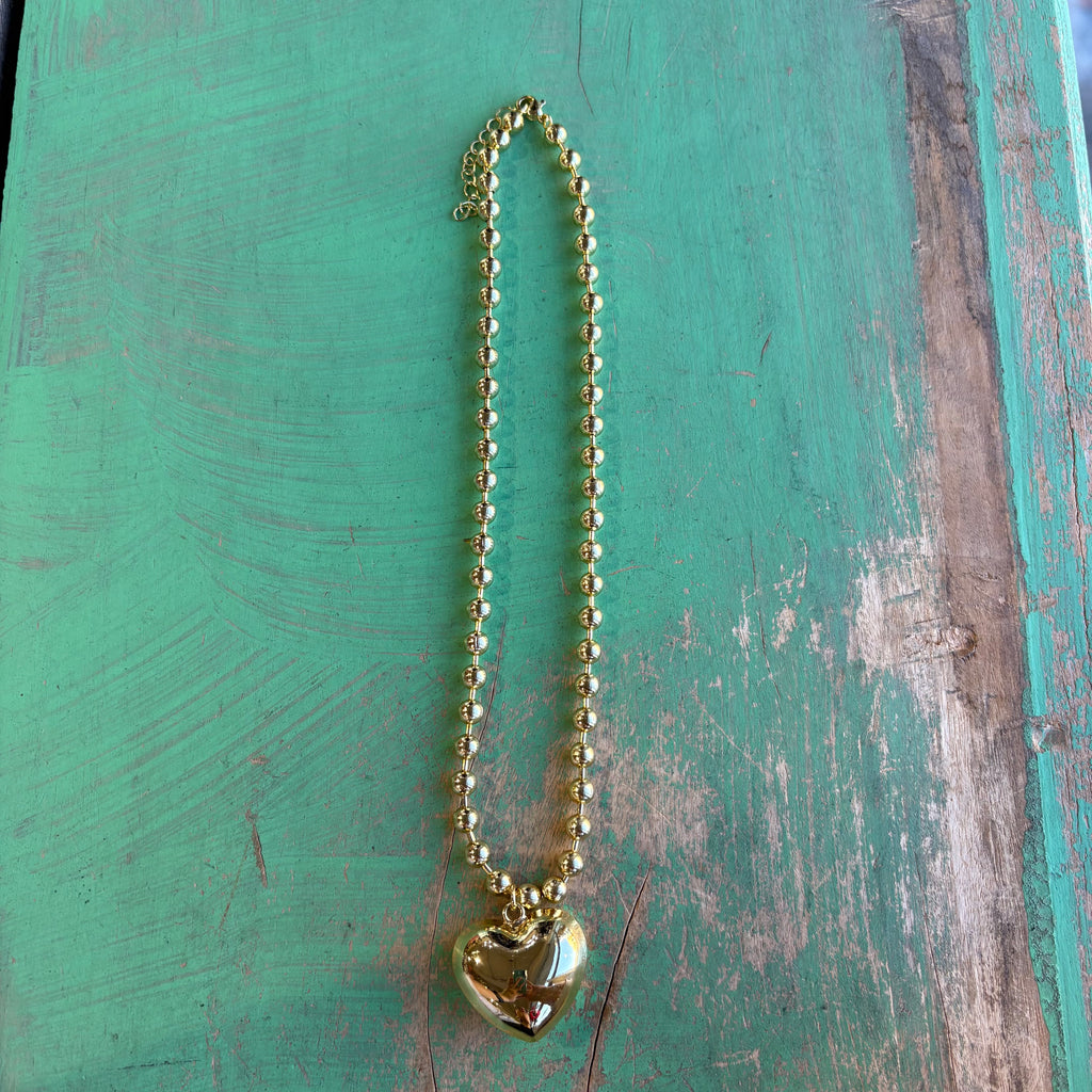 Gold Ball Chain with Puffy Heart Necklace