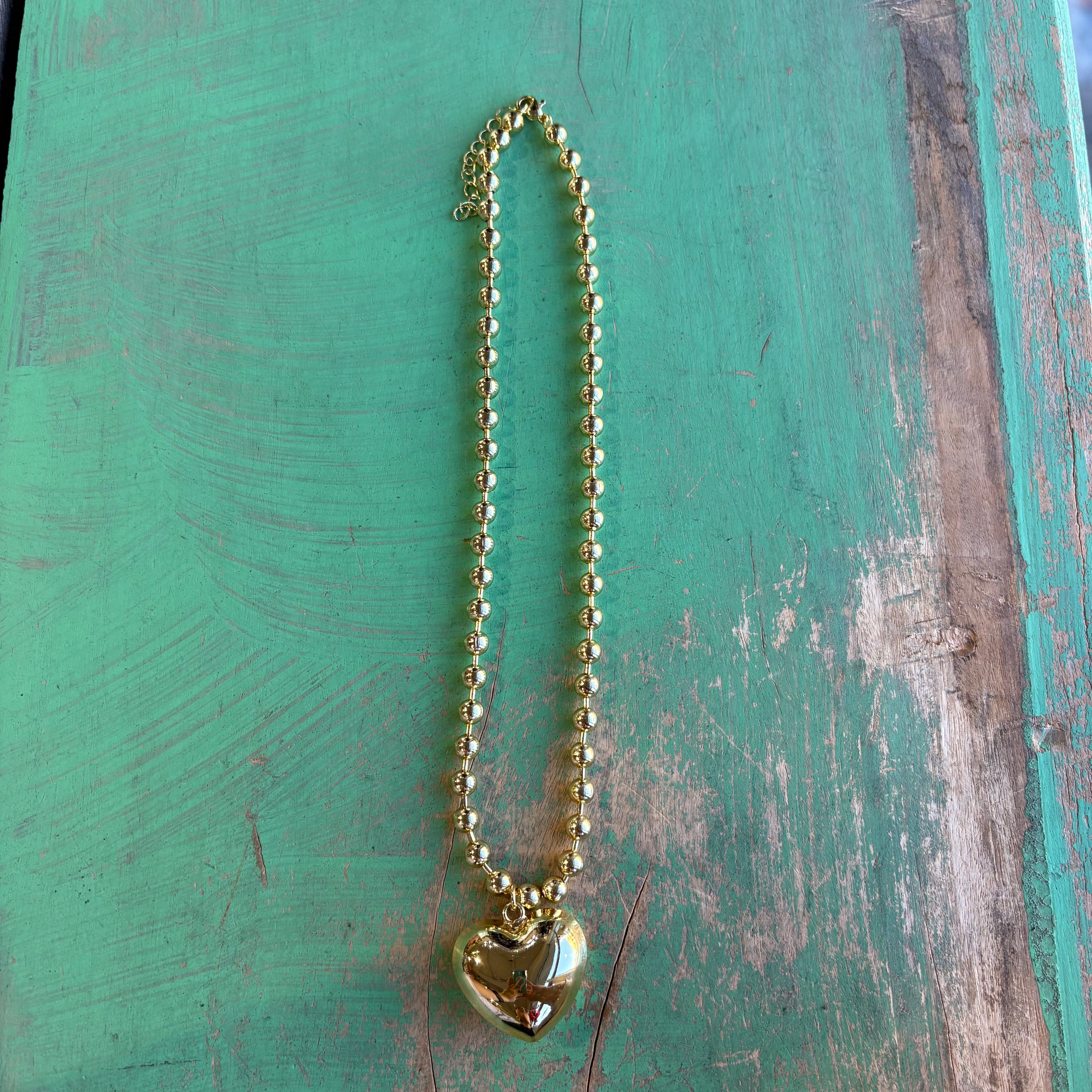 Gold Ball Chain with Puffy Heart Necklace