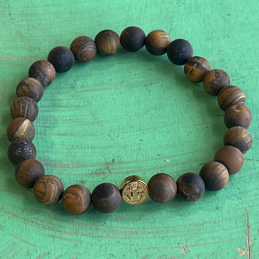 Brown Matte Tiger Eye Gold St Benedict Bracelet