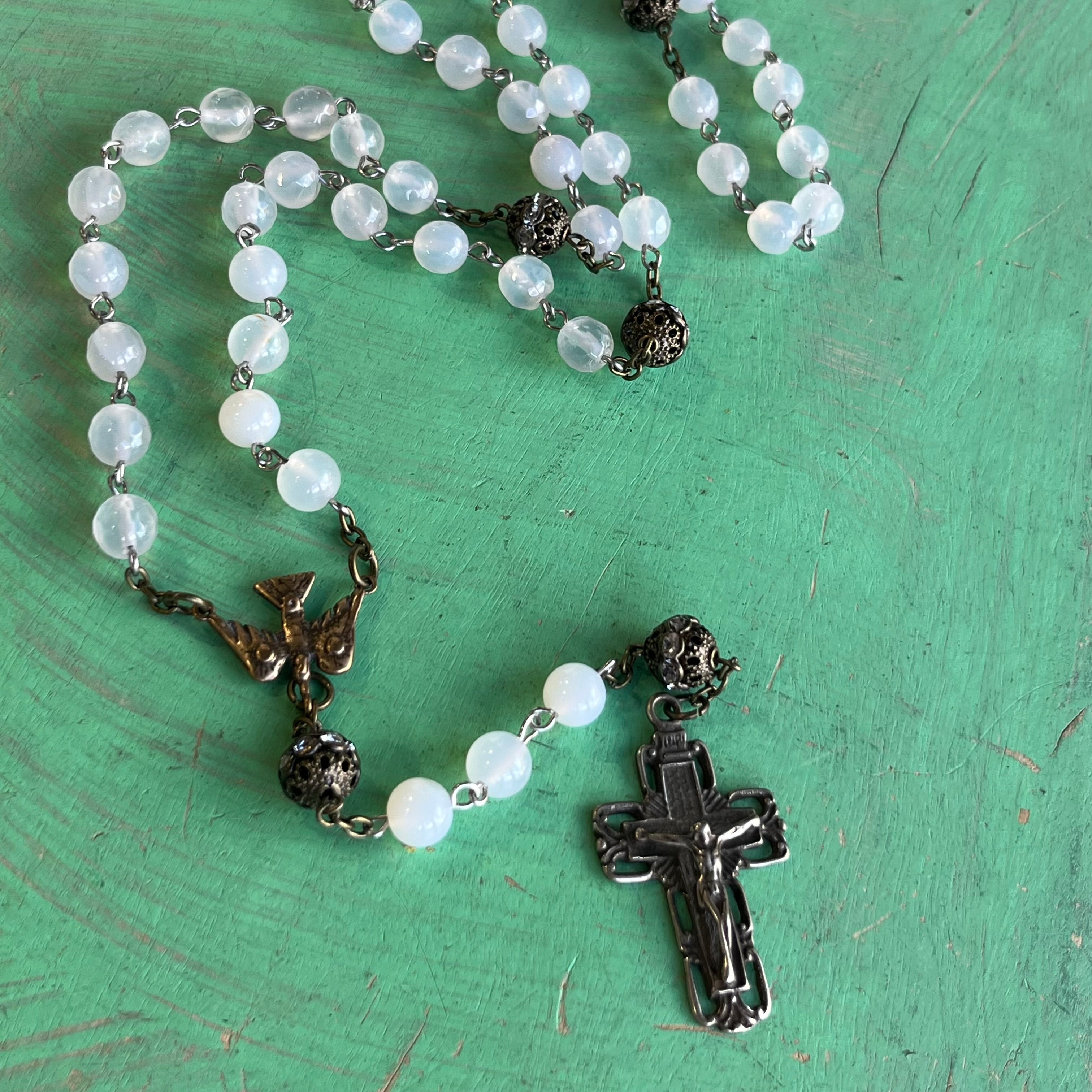 Agate White Bronze Descending Holy Spirit Rosary