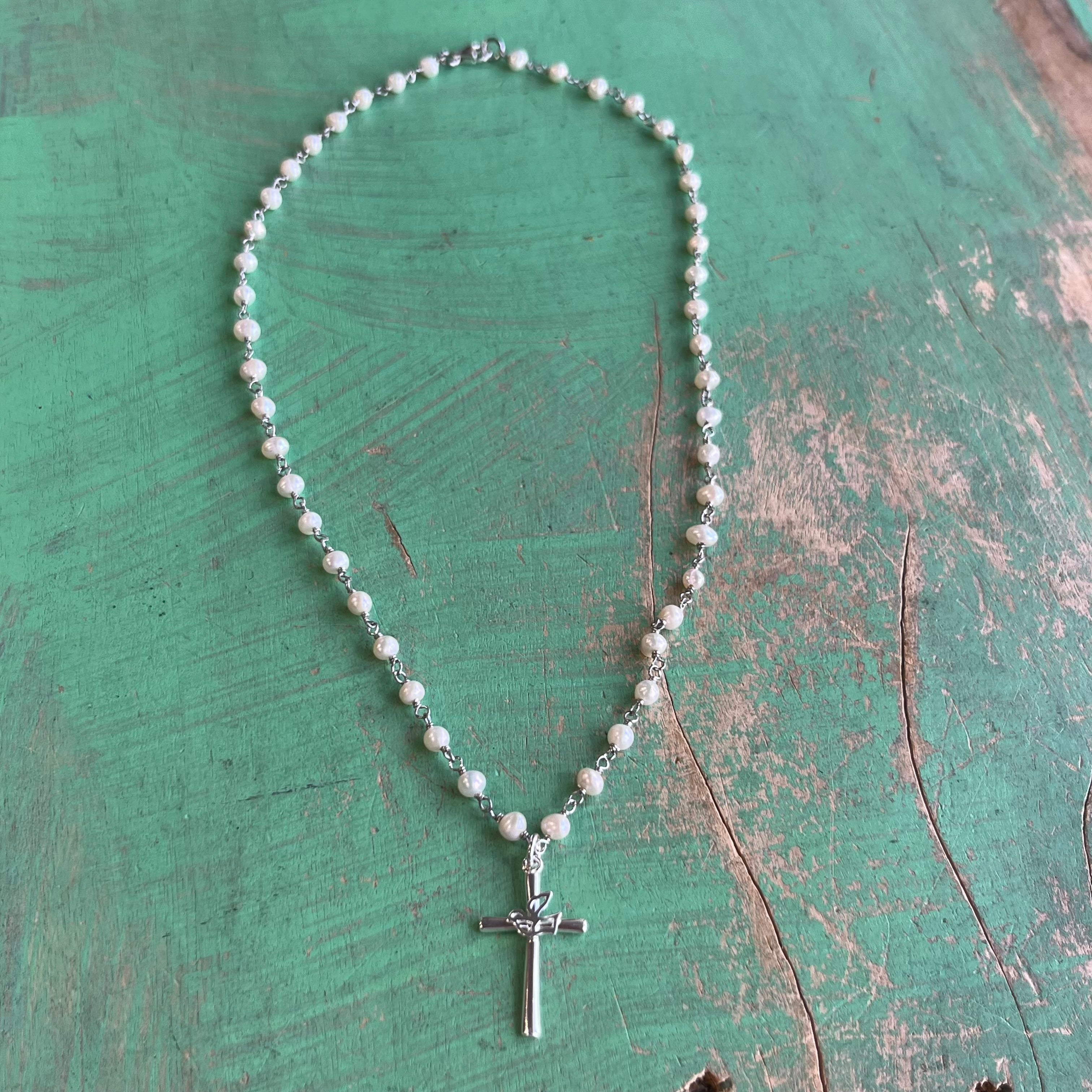 Sterling Silver Freshwater Pearl Confirmation Cross Necklace