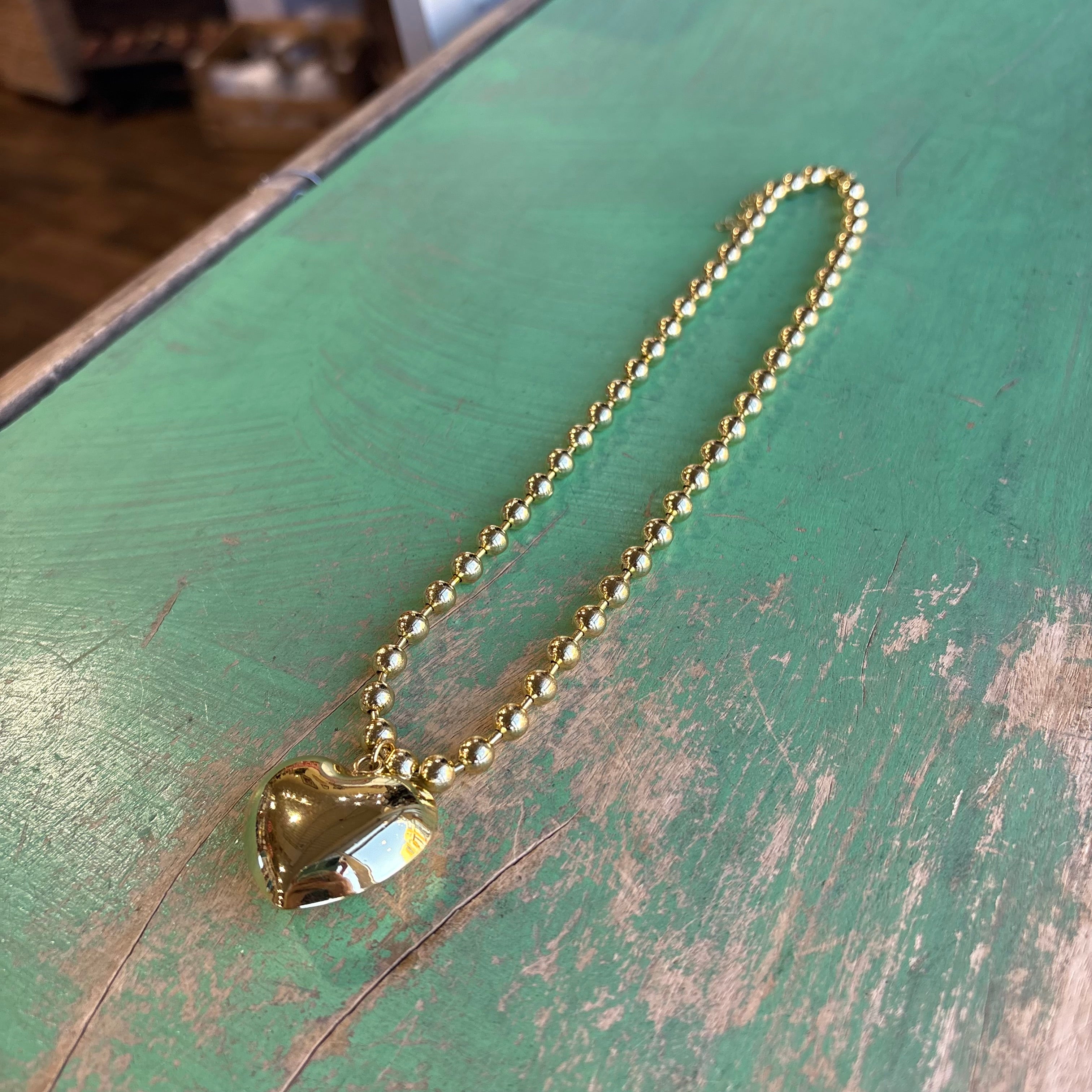 Gold Ball Chain with Puffy Heart Necklace