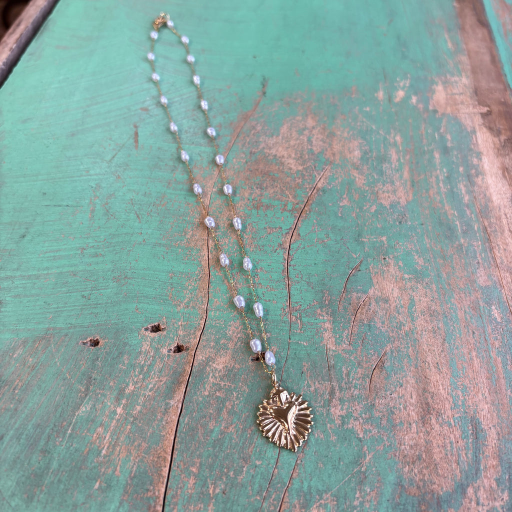 Gold Sacred Heart Pearl Chain Necklace or Earrings