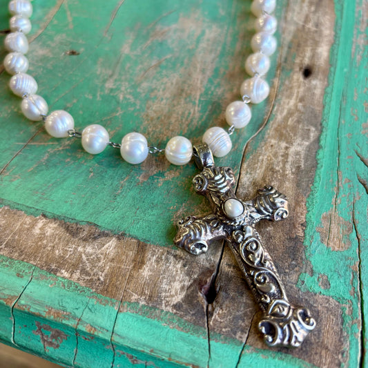 Hand Linked FW Pearl Necklace with Ornate Cross