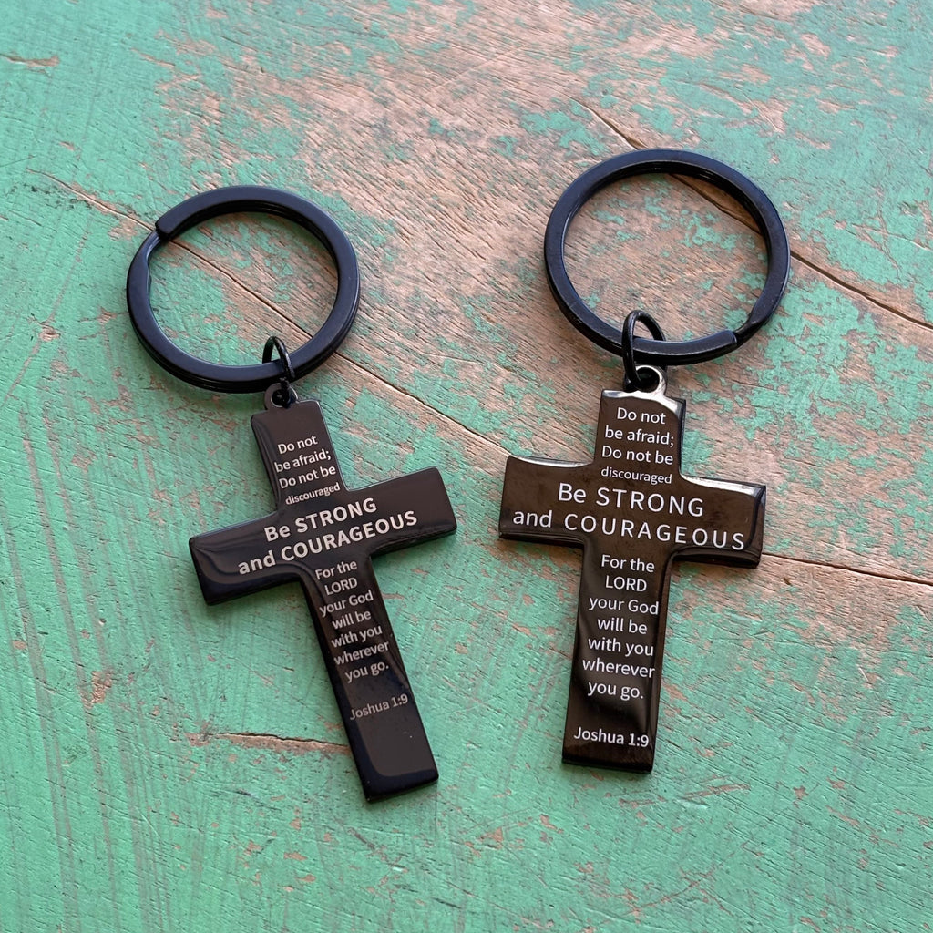 Black Stainless Steel Courageous Cross Keychain