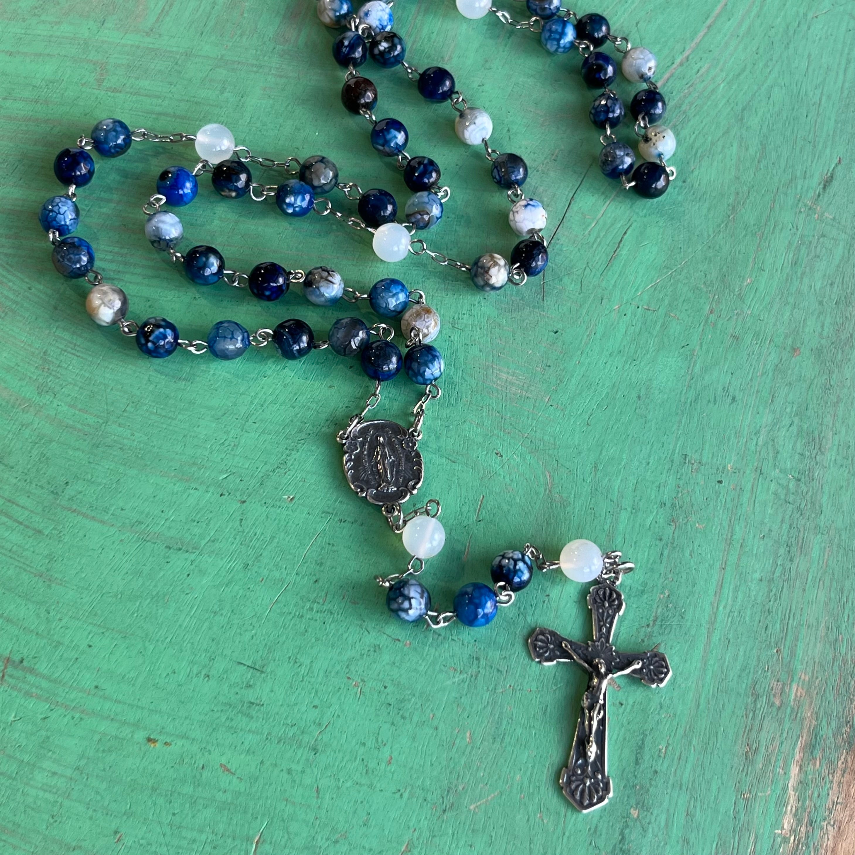 Agate Blue Silver Plated Miraculous Medal Rosary