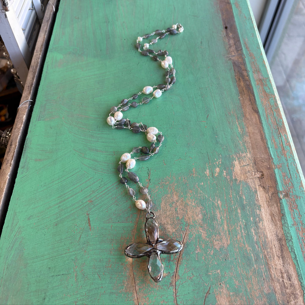 Long Crystal Cross Pearl and Grey Neckace