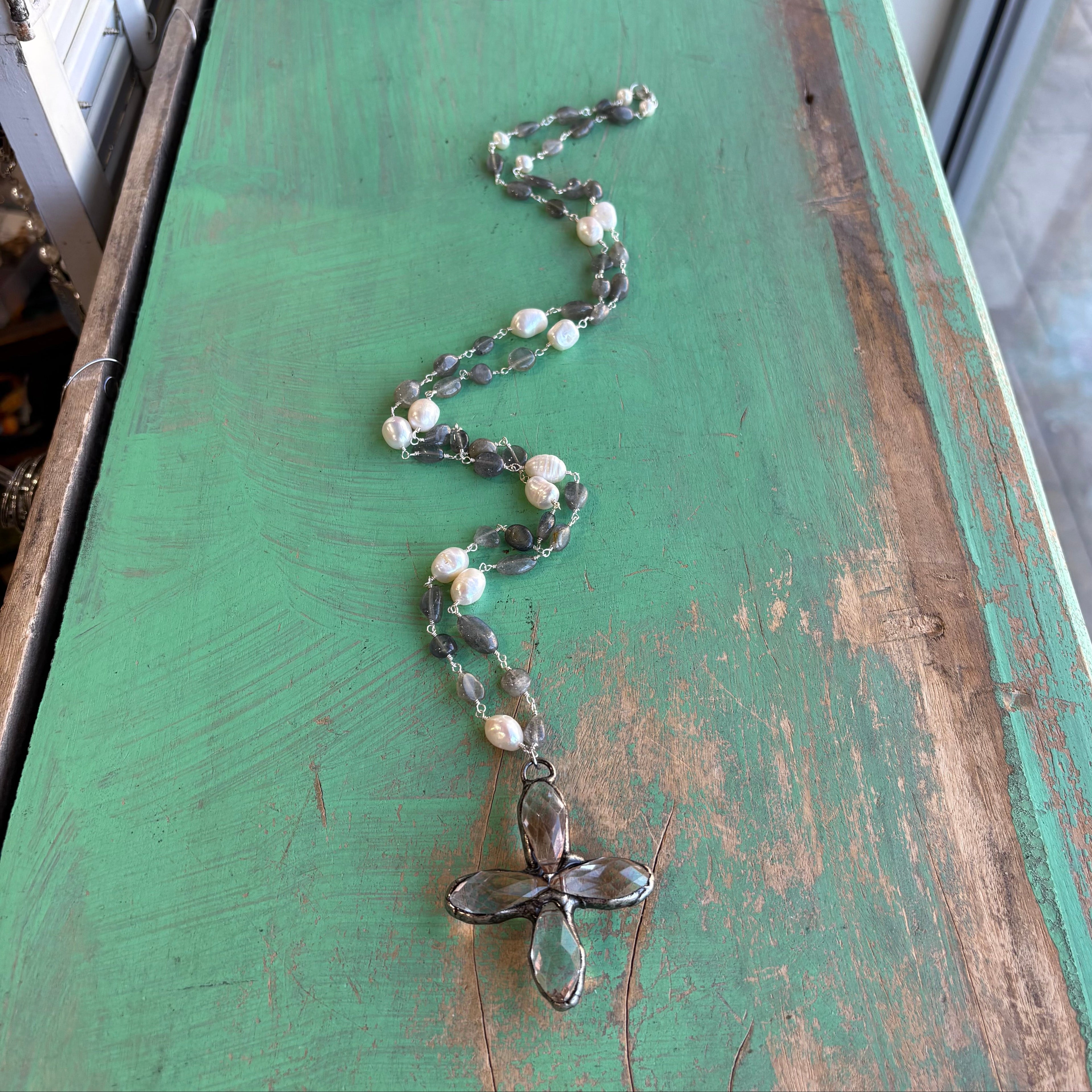 Long Crystal Cross Pearl and Grey Neckace
