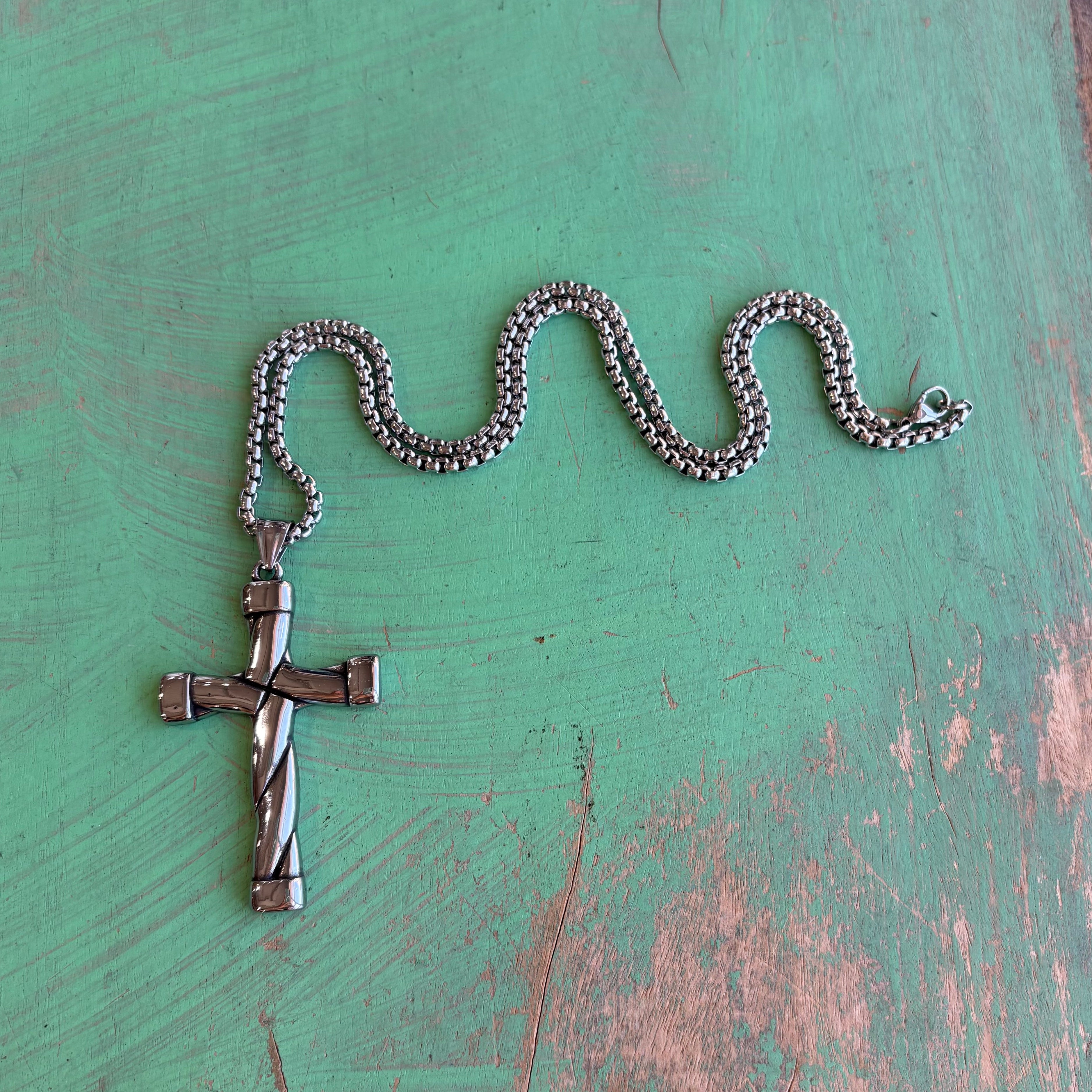 Stainless Steel Woven Cross Necklace – 2.5” Textured Cross on 24” Chain