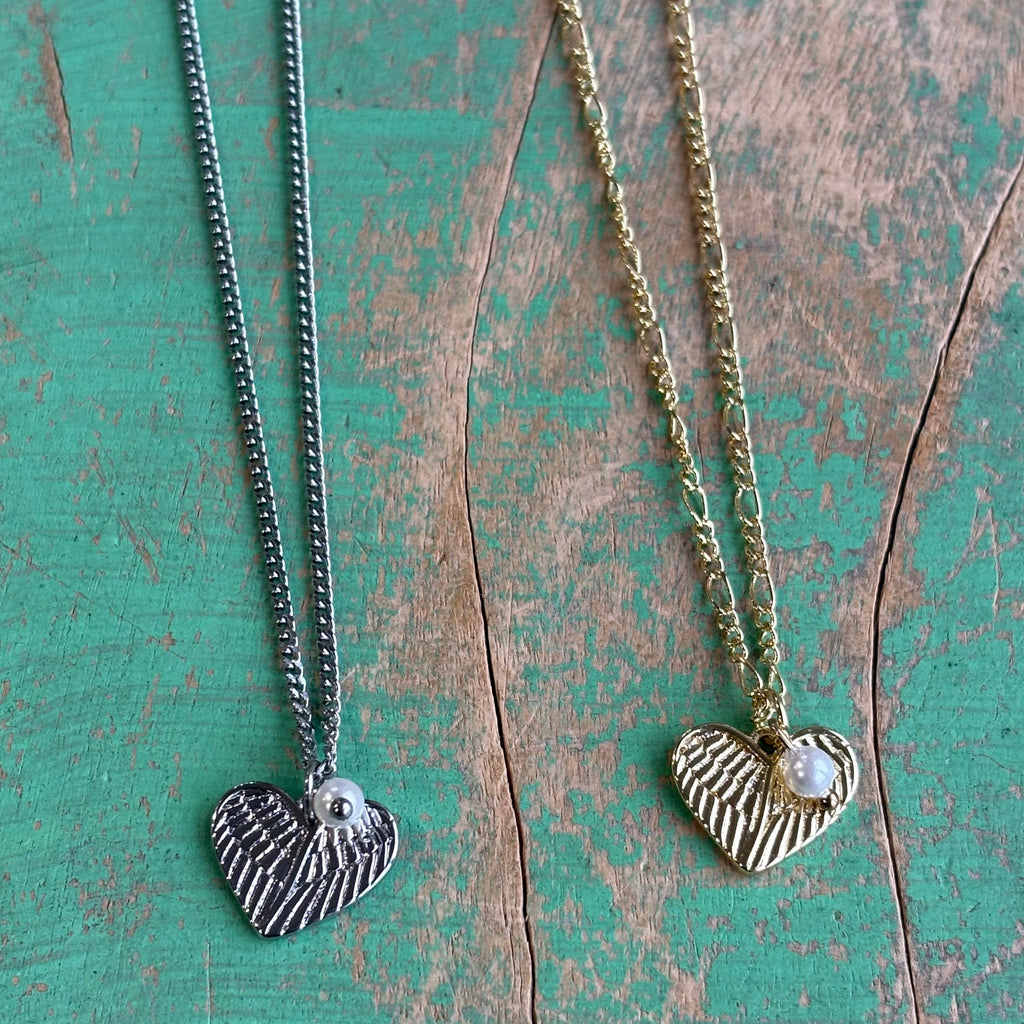 Angel Wings Heart Memorial Necklace with Pearl – Gold or Silver