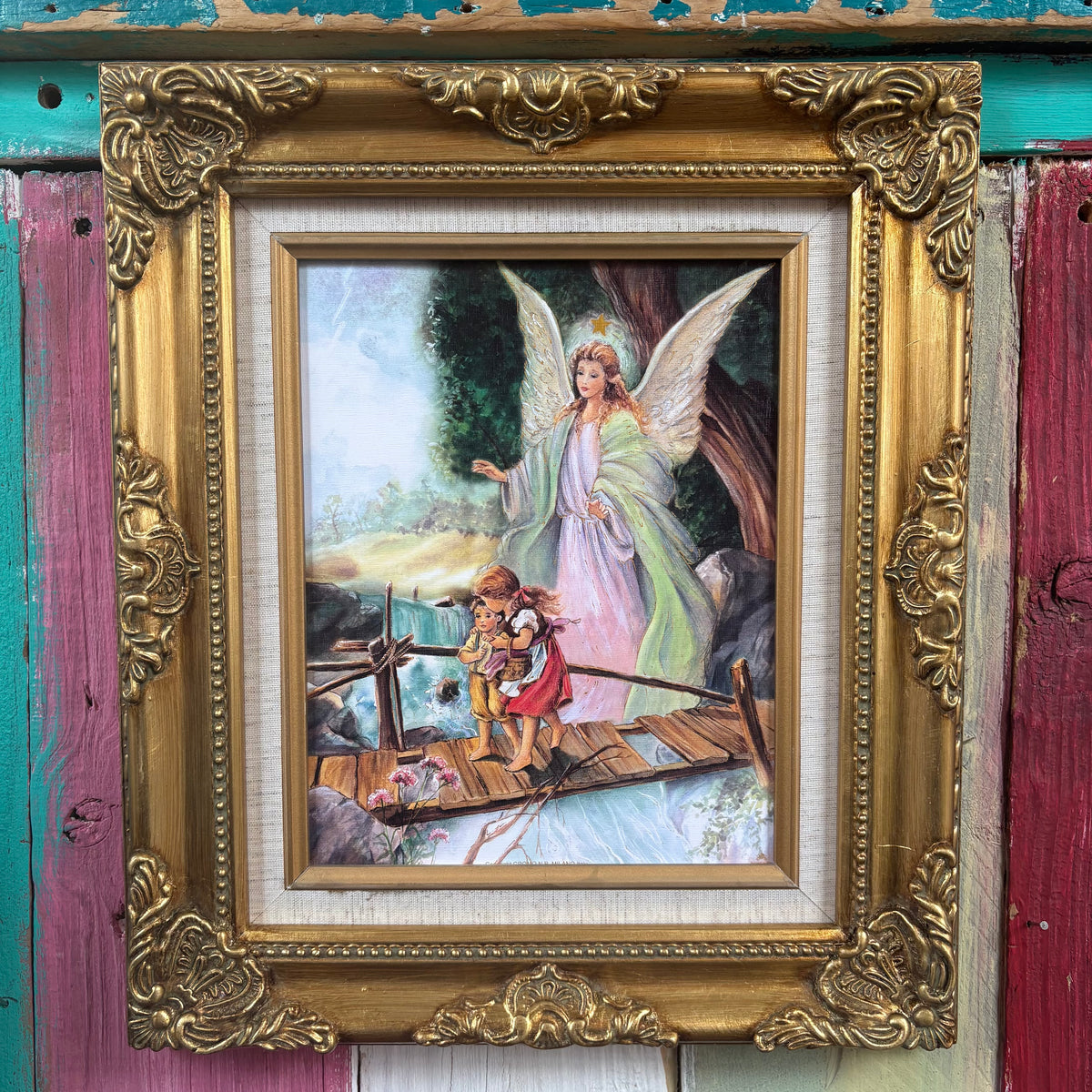 Framed 13.25 X 15.5" Guardian Angel on Bridge