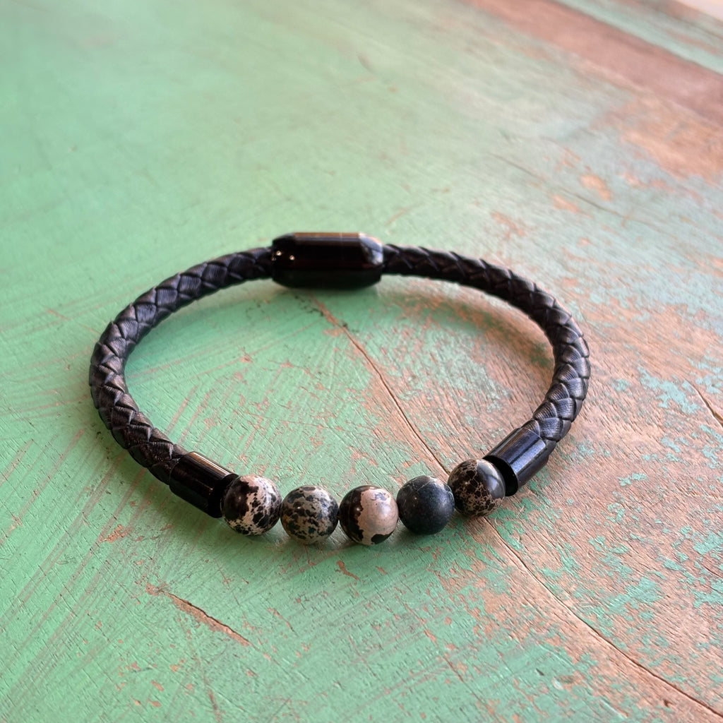Black Braided Leather Bracelet with Genuine Stones