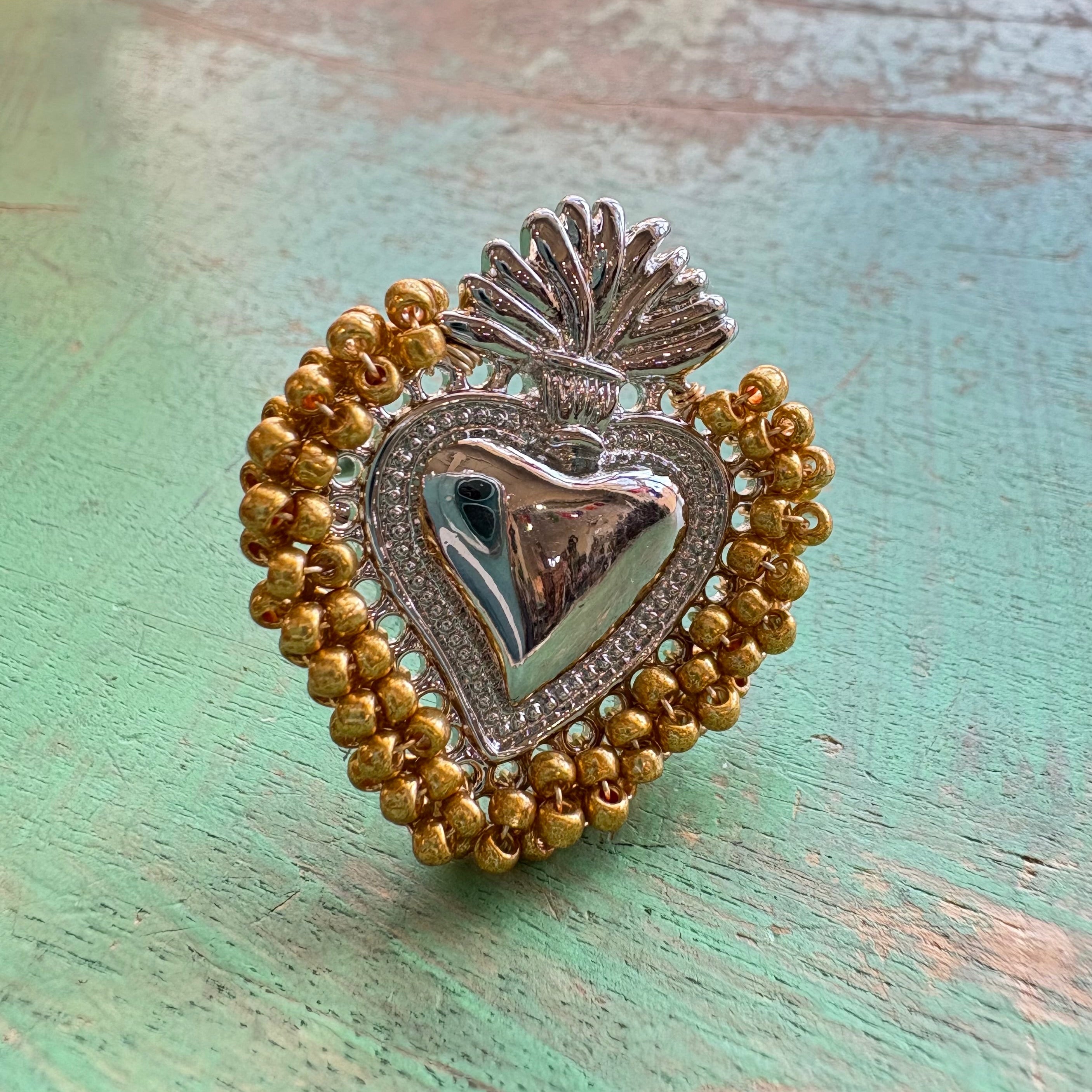Beaded Sacred Heart Adjustable Ring – Gold & Silver Plated Faith Jewelry