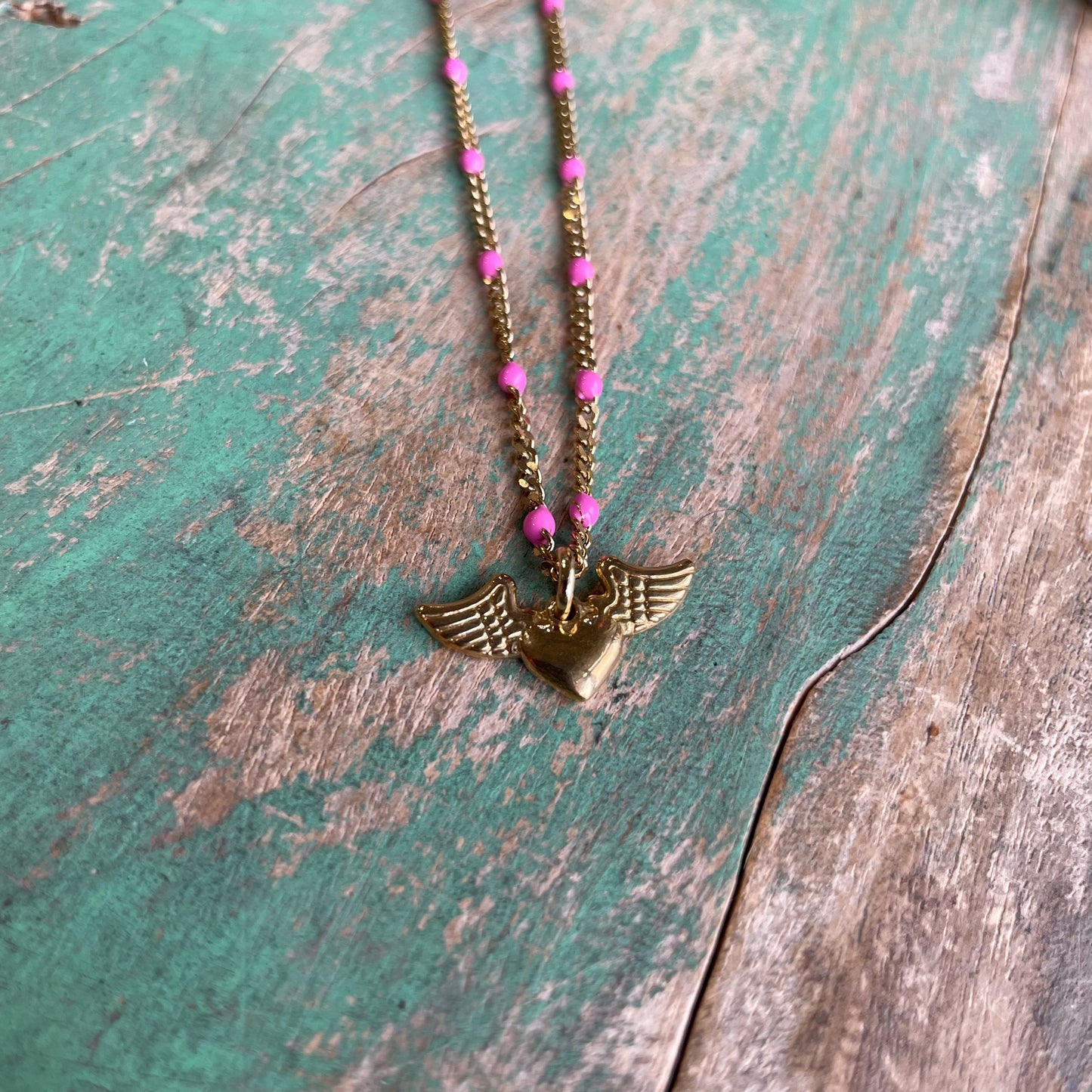 Pink Enamel Heart with Wings Necklace