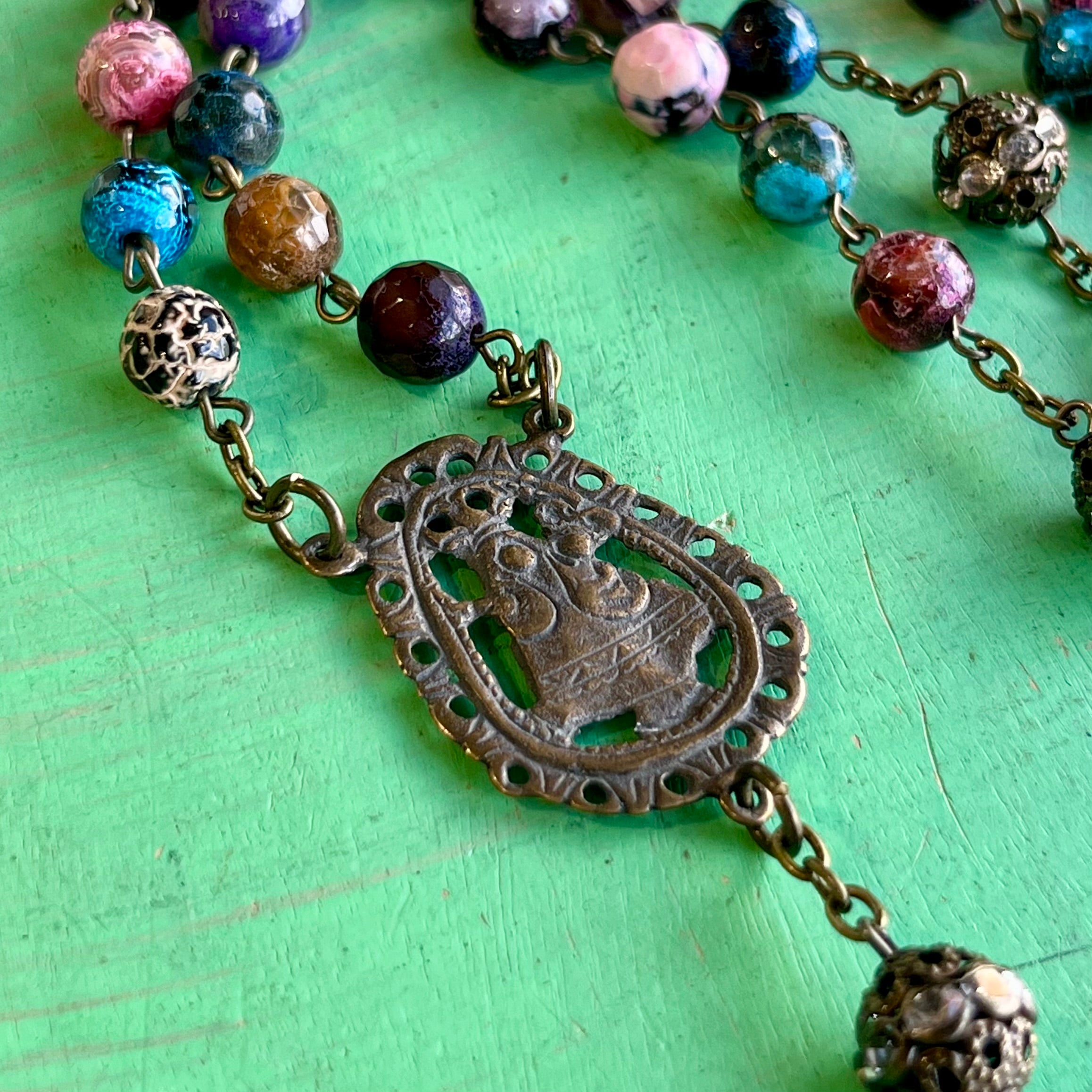 Agate Multicolor Bronze Madonna and Child Rosary