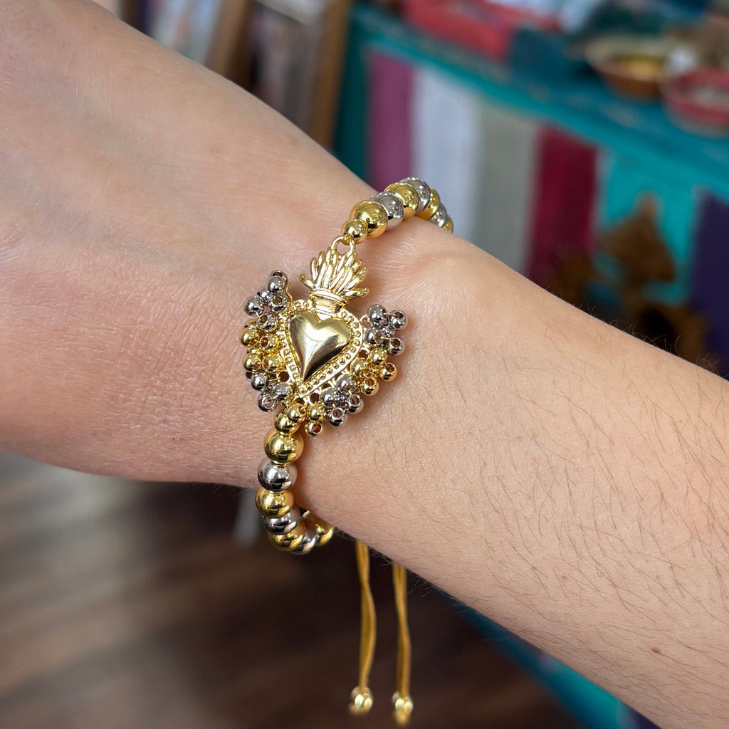 Sacred Heart Two-Tone Beaded Bracelet – 18K Gold & Silver Plated, Adjustable Cord