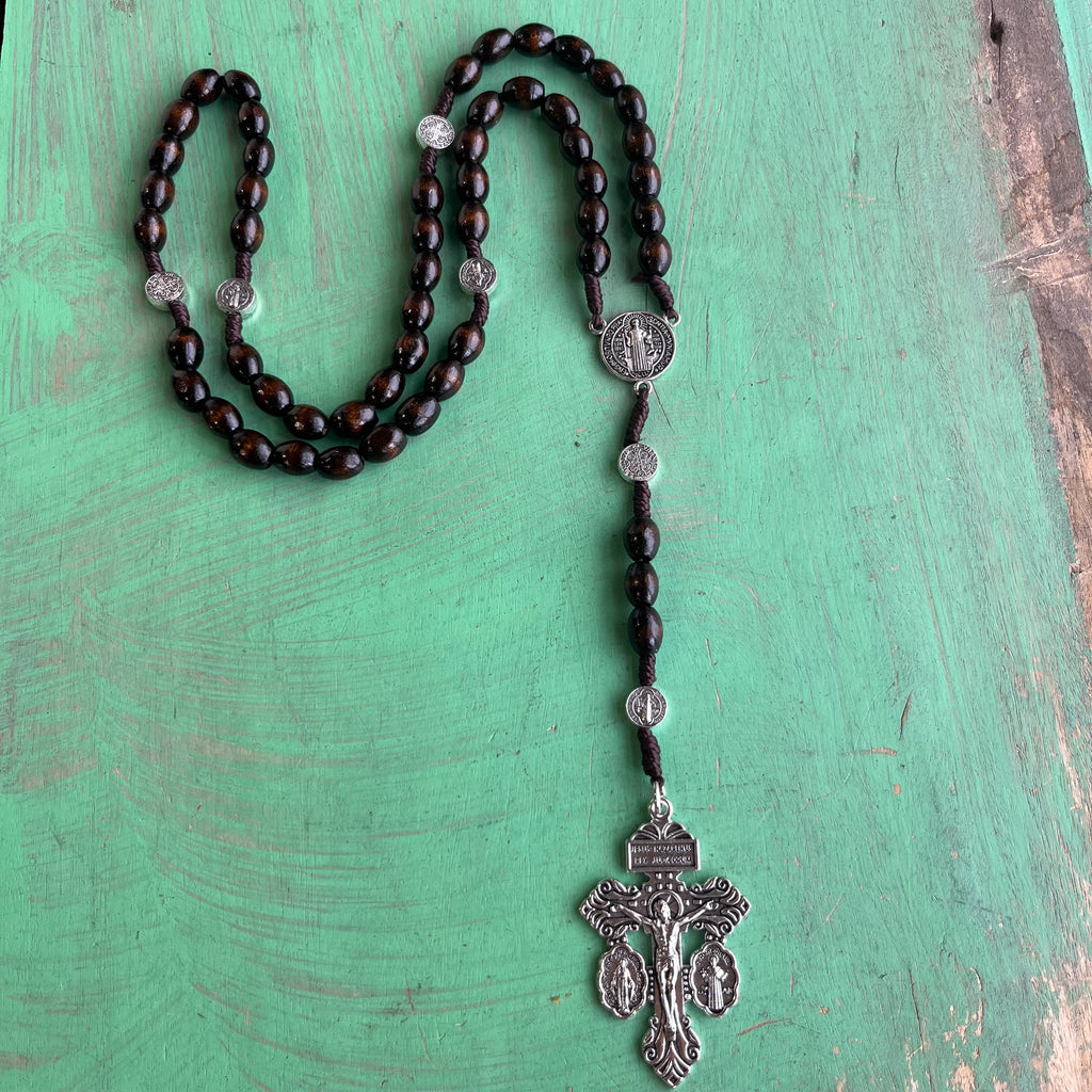 St Benedict Wooden Cord Rosary With Pardon Crucifix