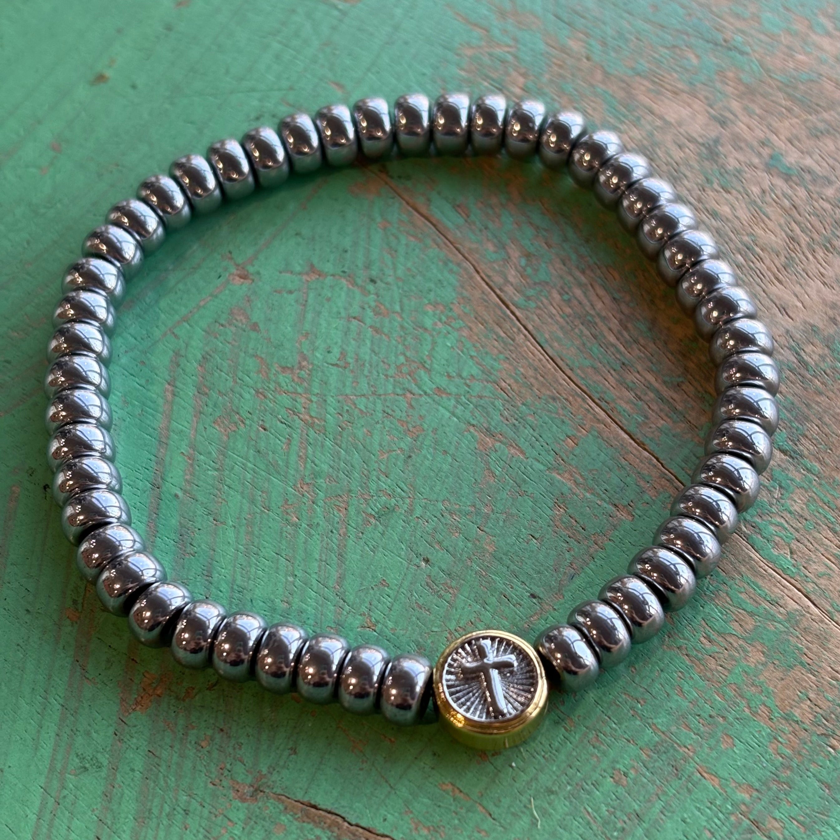 Two Tone Round Cross Hematite Bracelet