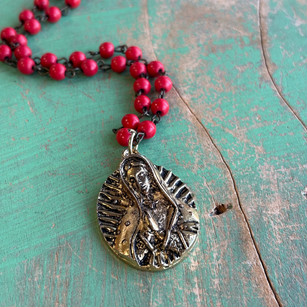 Red Howlite Our Lady of Guadalupe Necklace