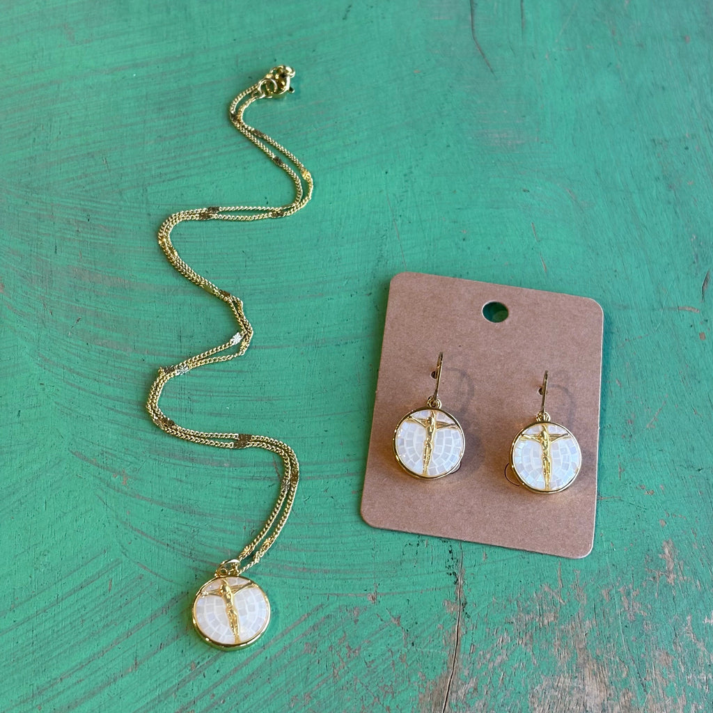 White Mosaic Crucifix Necklace or Earrings