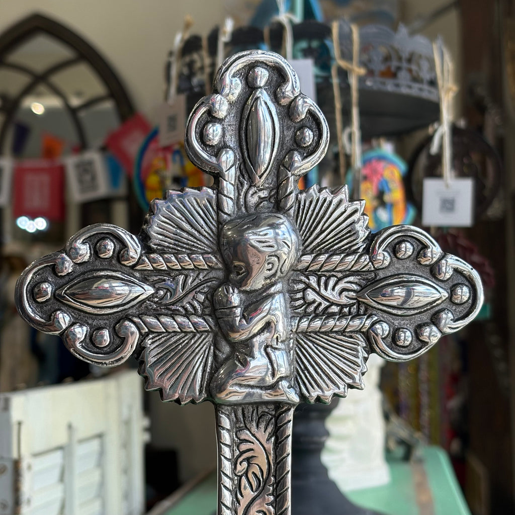 Ornate Standing Pewter Kneeling Boy Cross