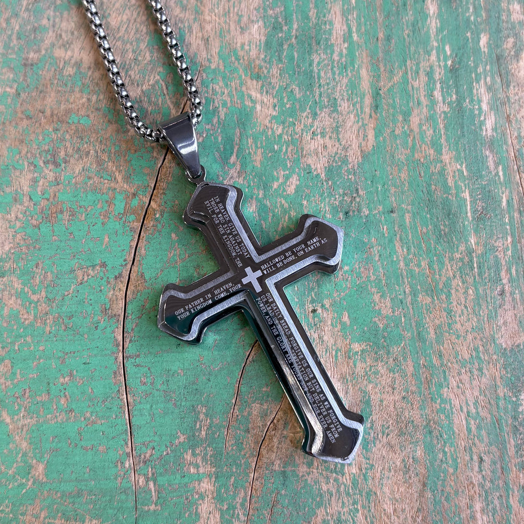 Stainless Steel Big Our Father Cross Necklace