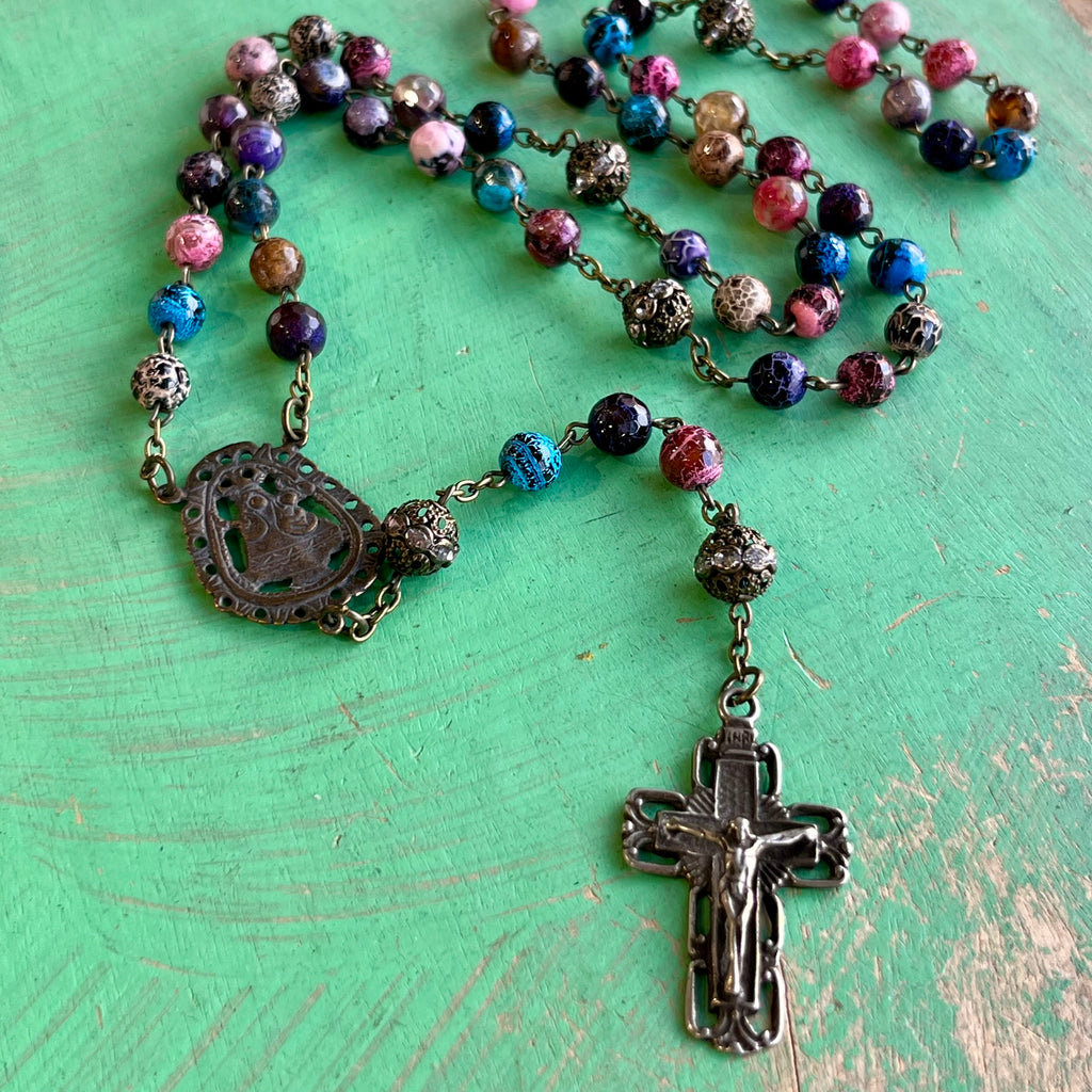 Agate Multicolor Bronze Madonna and Child Rosary