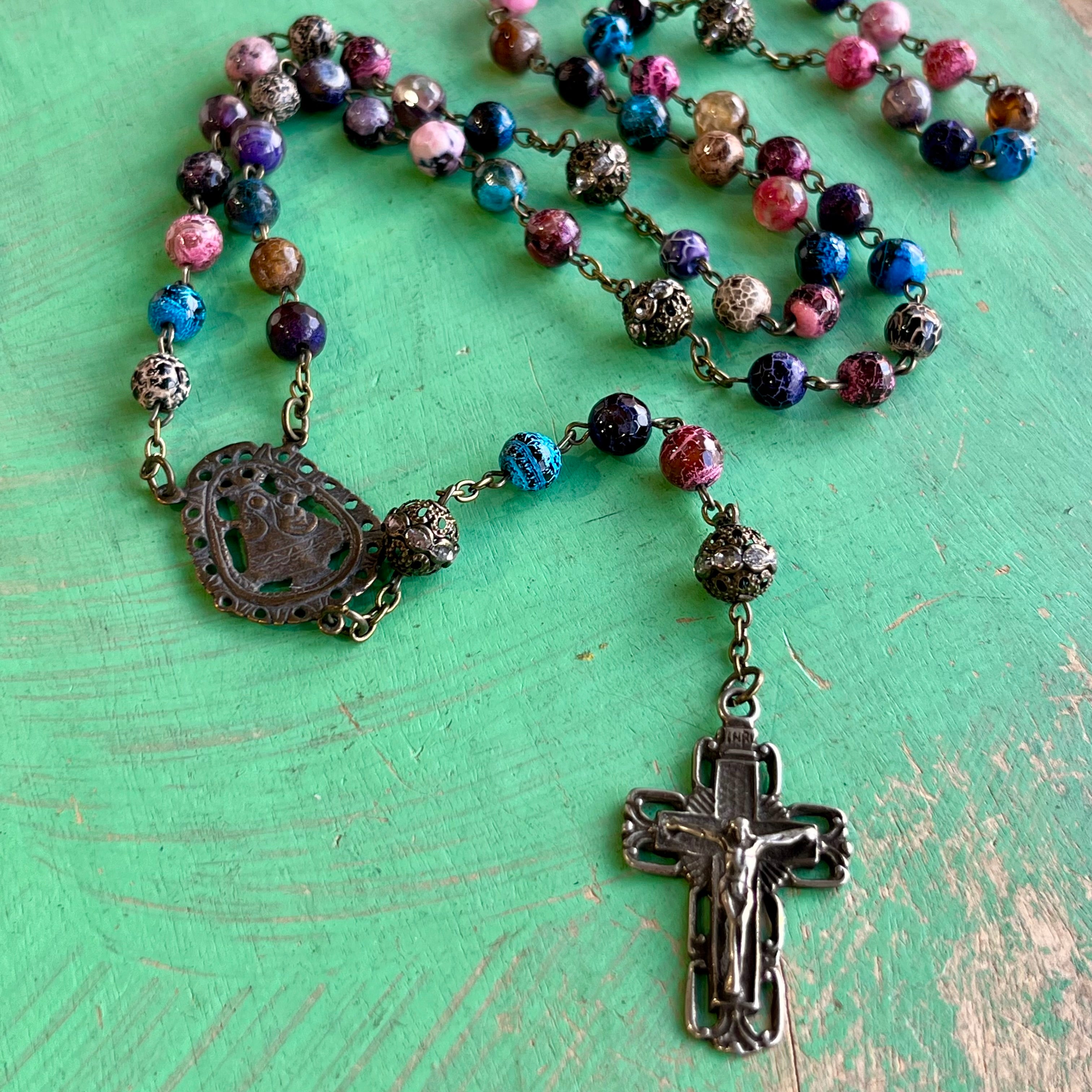 Agate Multicolor Bronze Madonna and Child Rosary