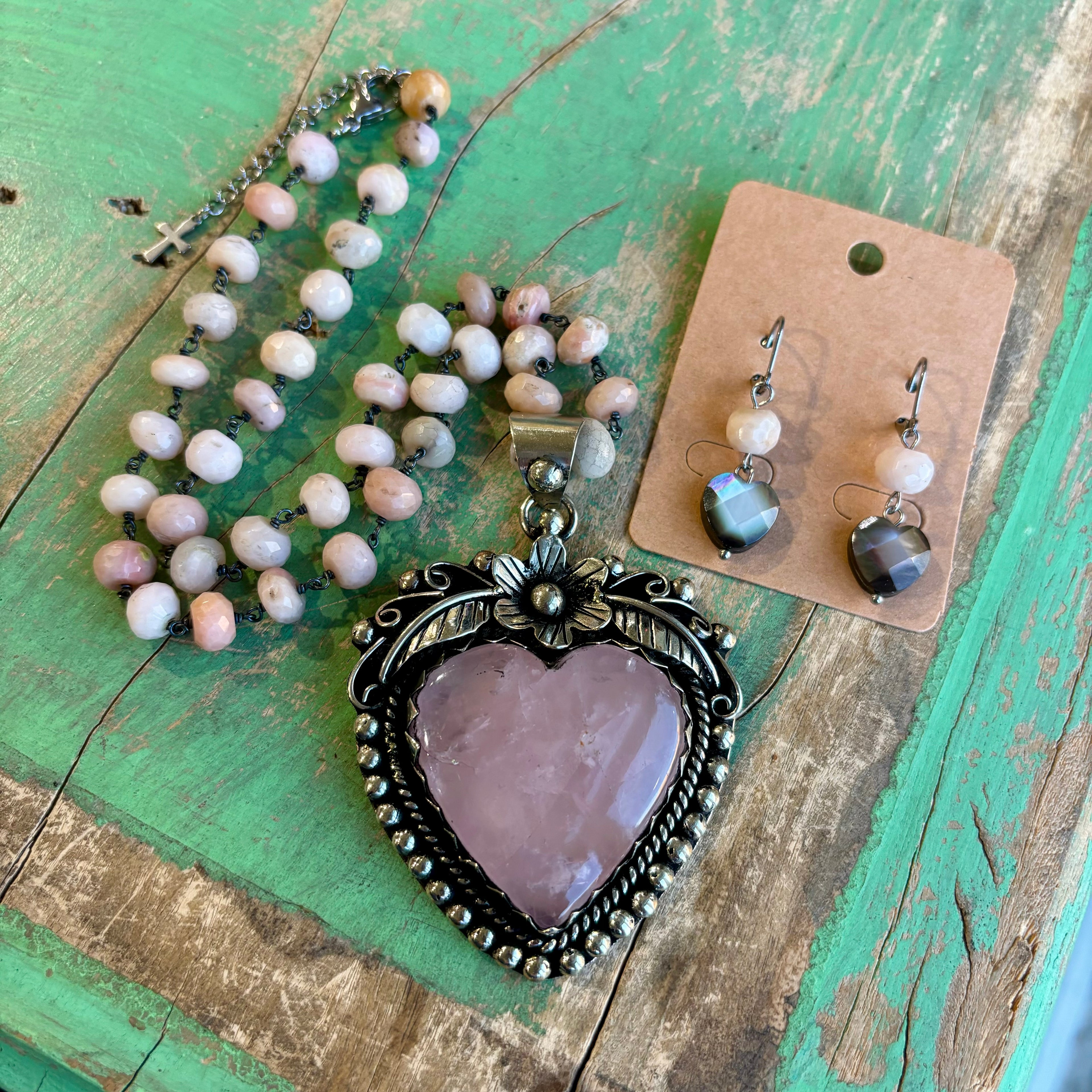 Baby Pink Sacred Heart Necklace or Earrings