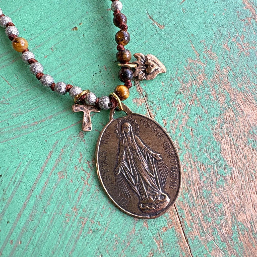 3 Medal Knotted Tiger Eye and Silver Beaded Necklace