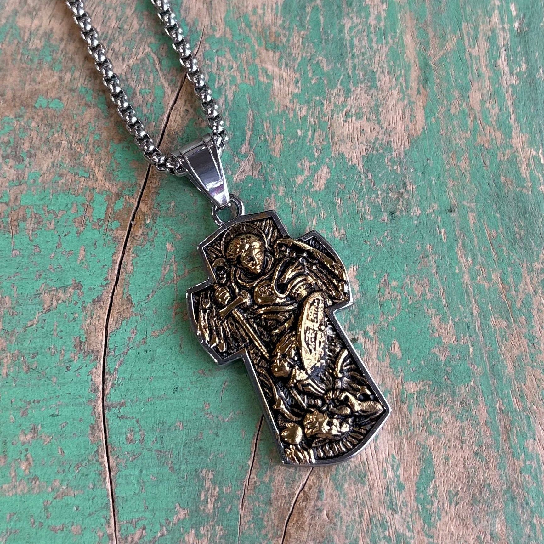 St Michael Two Tone Cross Necklace