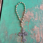 Victorian Inspired Jeweled Cross Glass Pearl Car Blessing