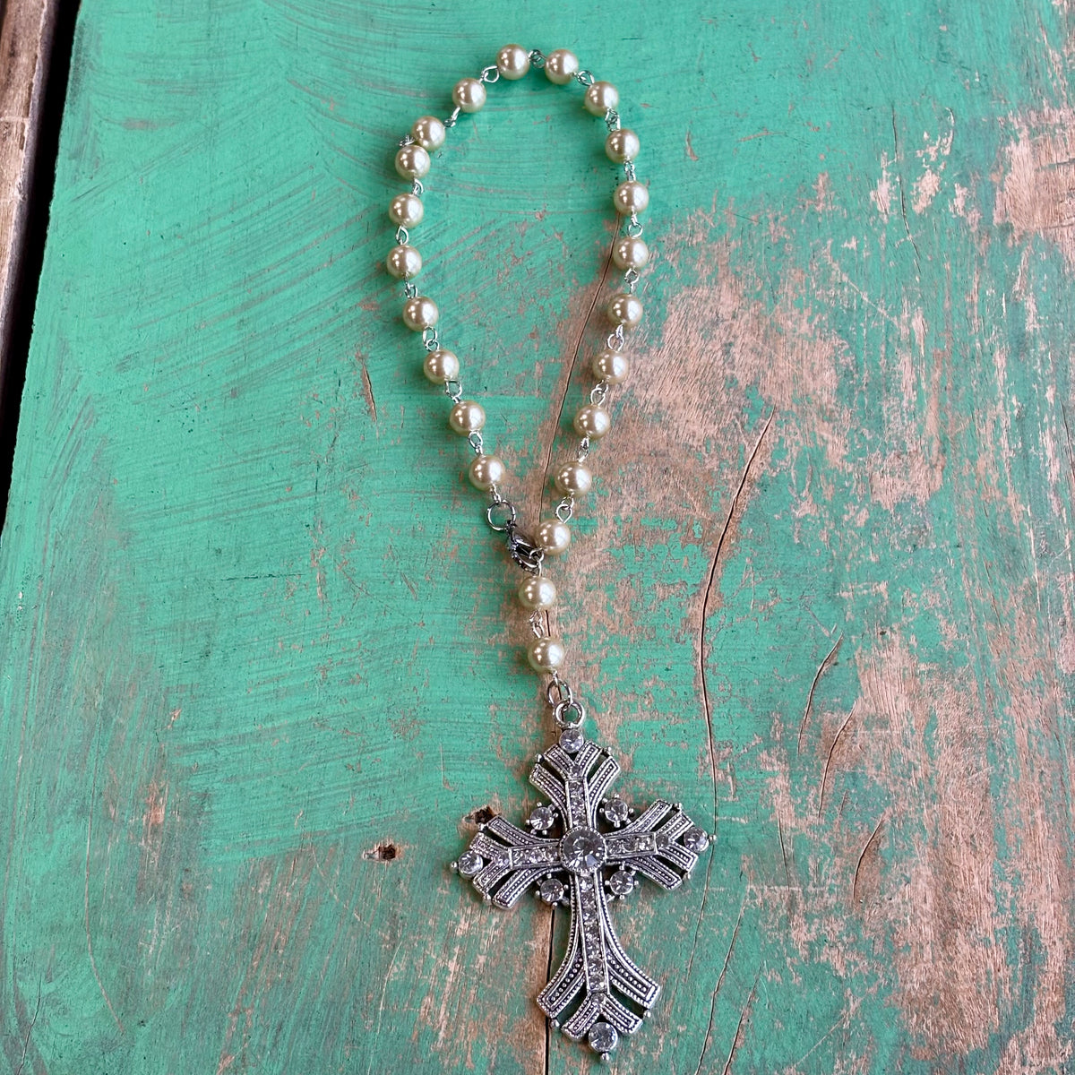 Victorian Inspired Jeweled Cross Glass Pearl Car Blessing