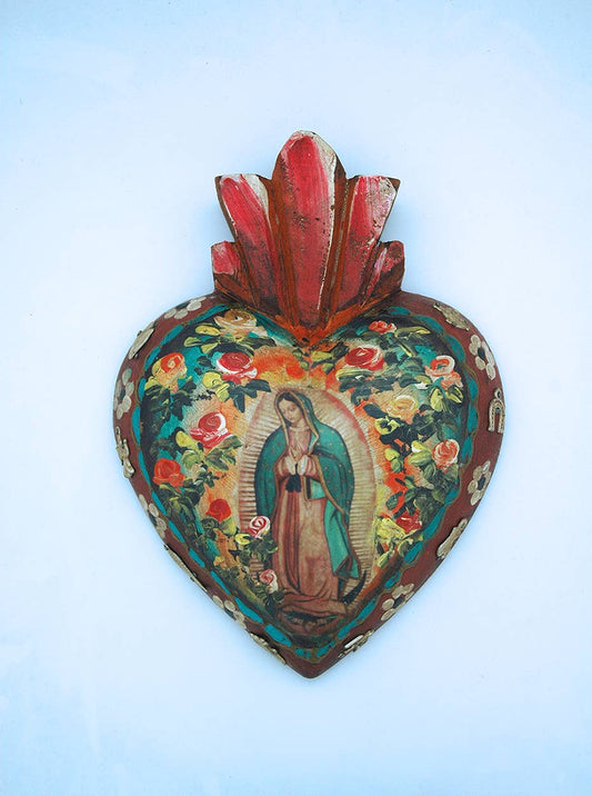 Mexican Guadalupe Painted Wood Heart Wall Art