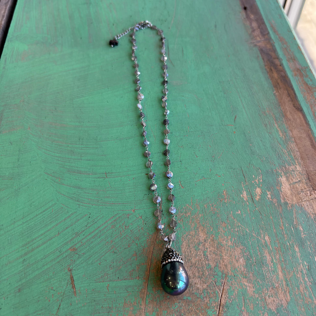 Radiant Grace Labradorite And Shell Pearl Teardrop Necklace