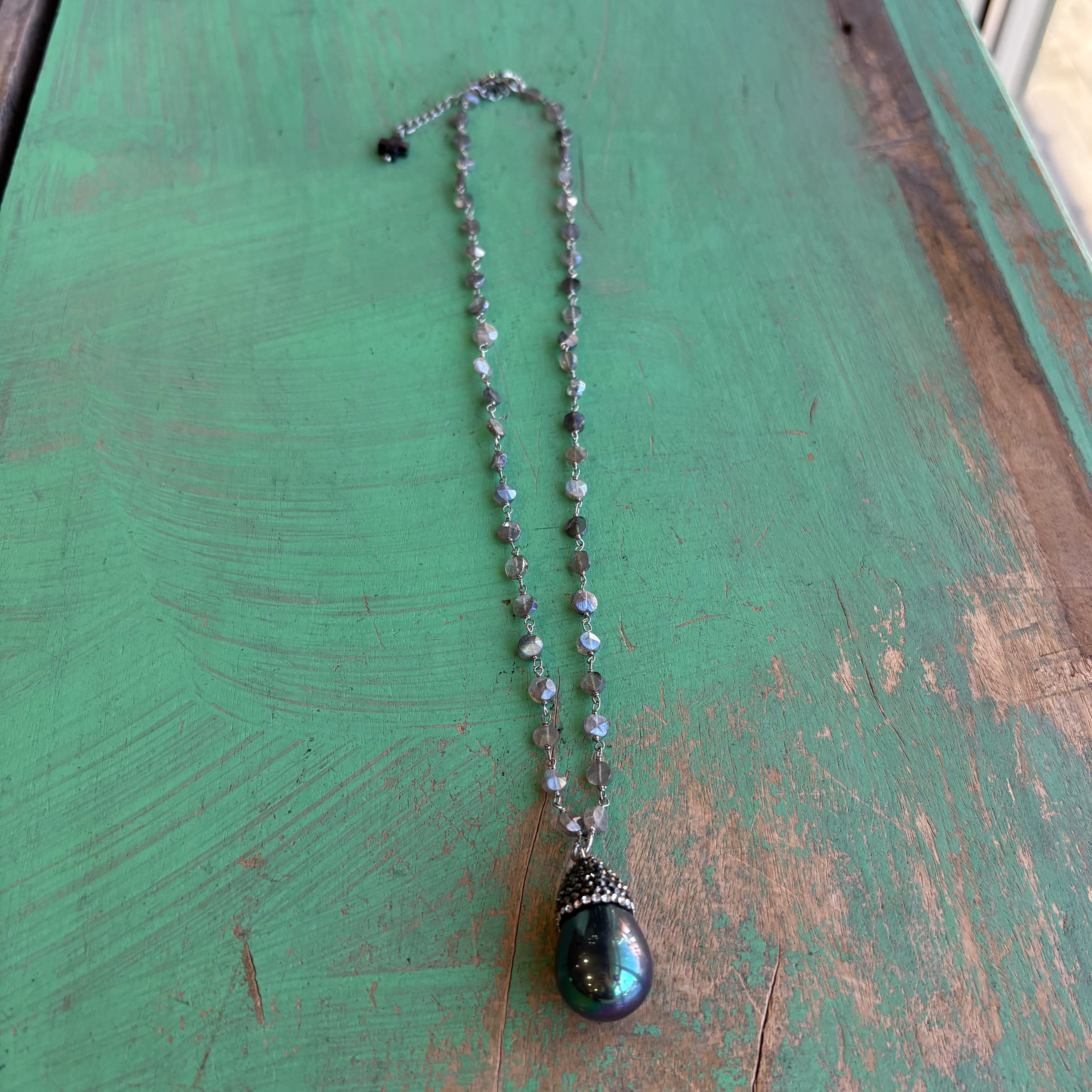 Radiant Grace Labradorite And Shell Pearl Teardrop Necklace