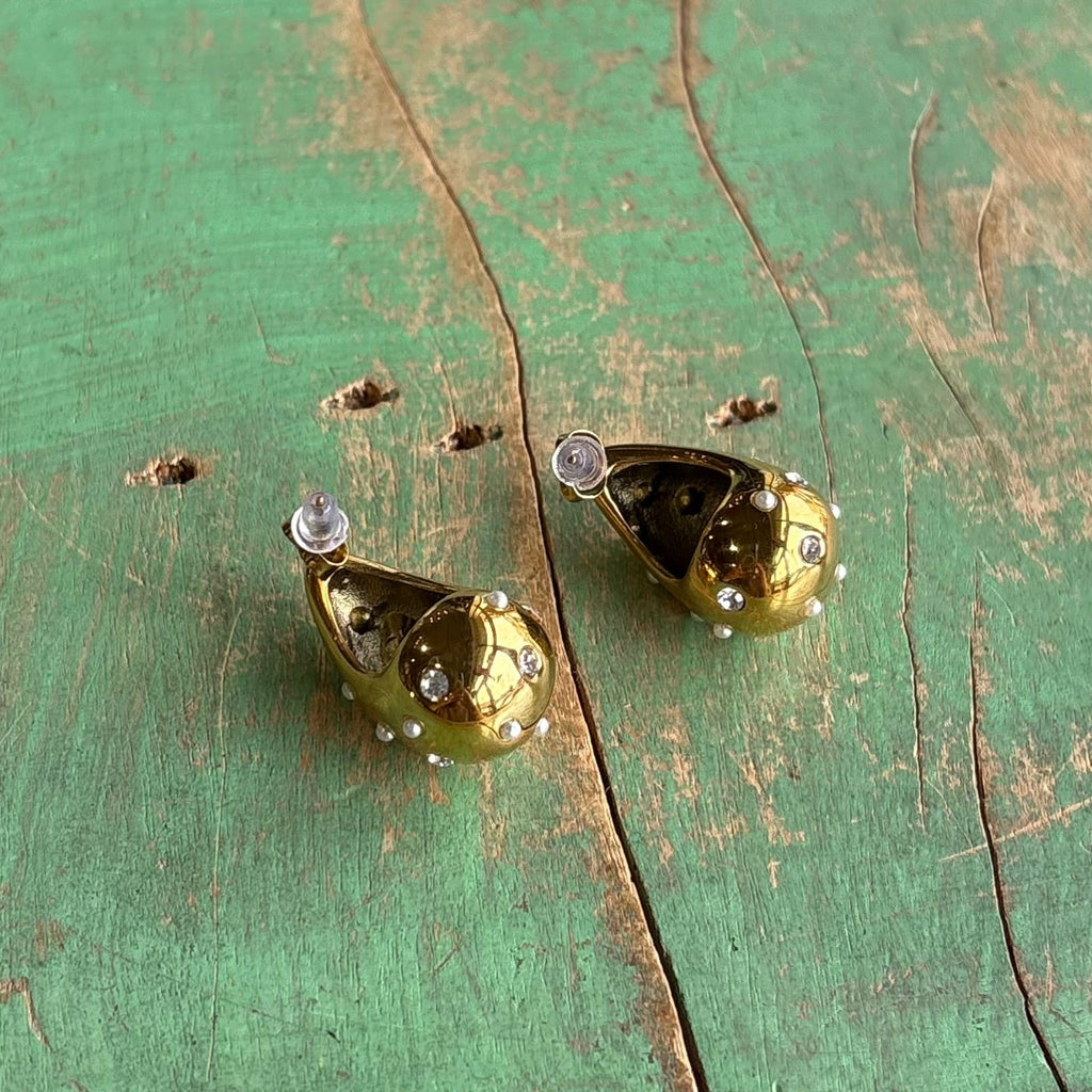 Gold Stainless Steel Pearl Crystal Teardrop Earrings