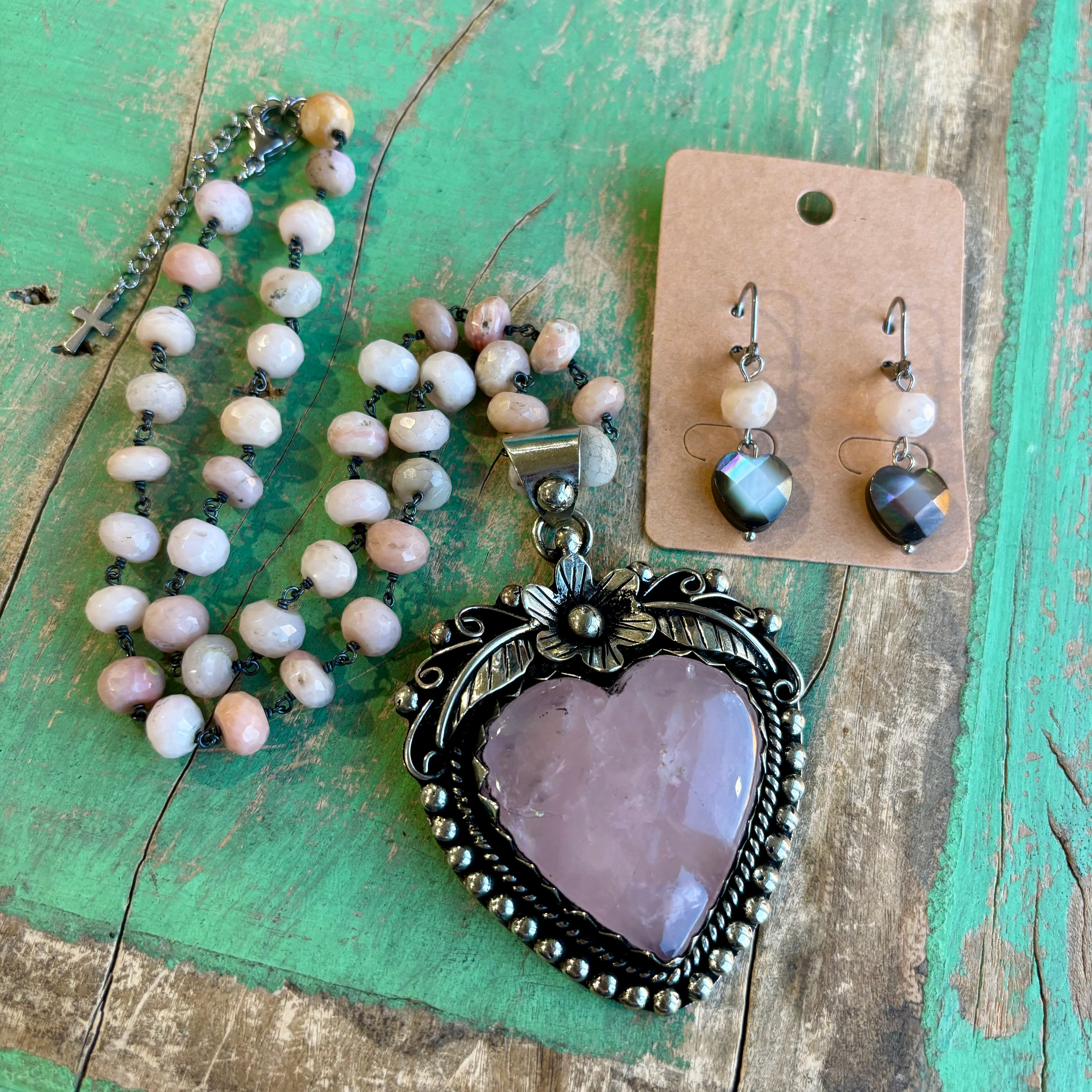 Baby Pink Sacred Heart Necklace or Earrings