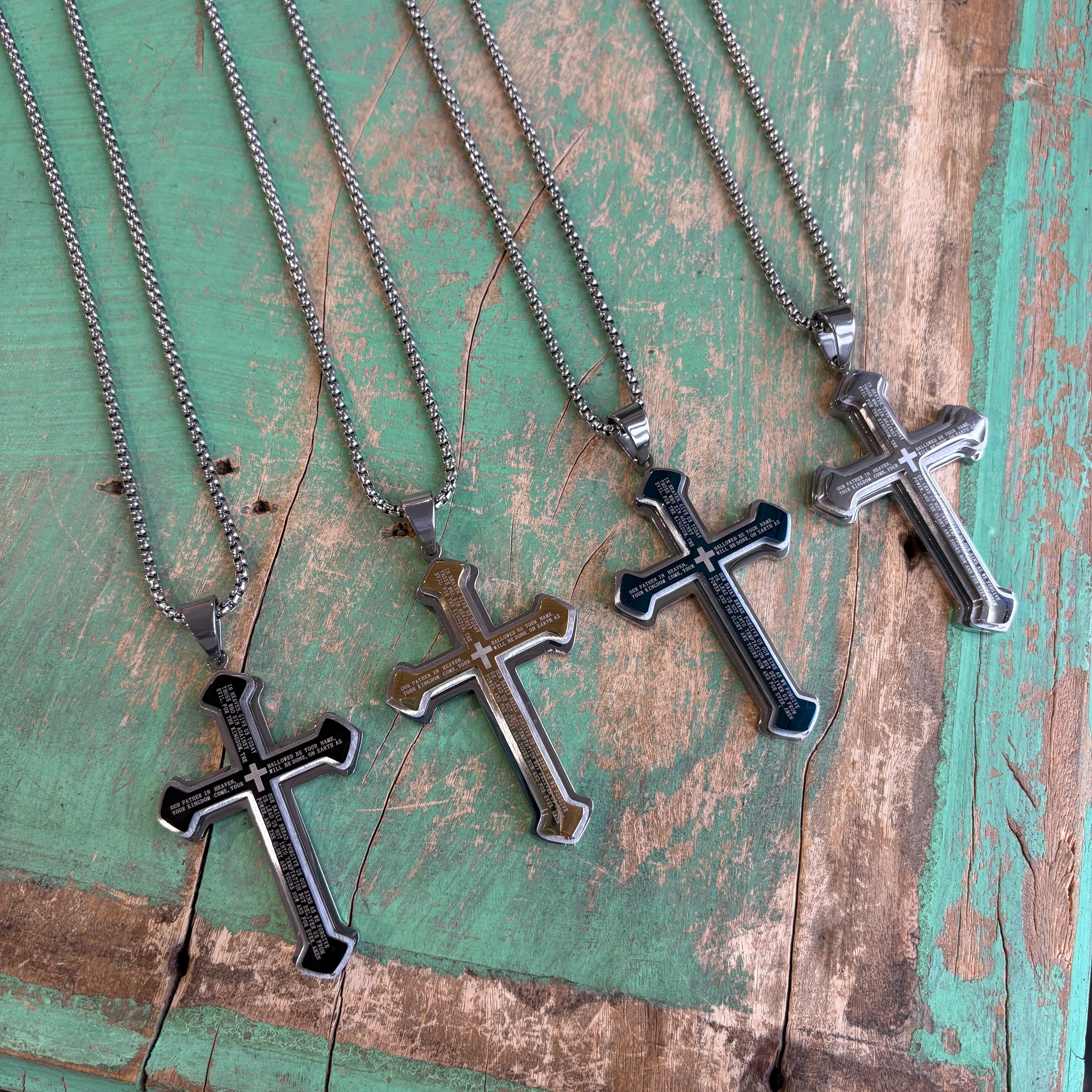 Stainless Steel Big Our Father Cross Necklace
