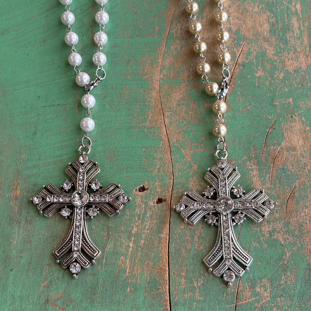 Victorian Inspired Jeweled Cross Glass Pearl Car Blessing