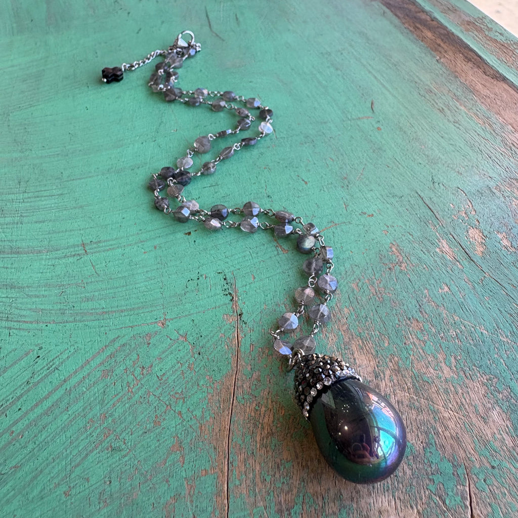 Radiant Grace Labradorite And Shell Pearl Teardrop Necklace