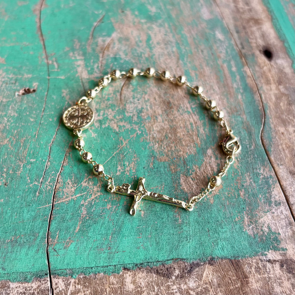 Gold St Benedict Rosary Decade Bracelet