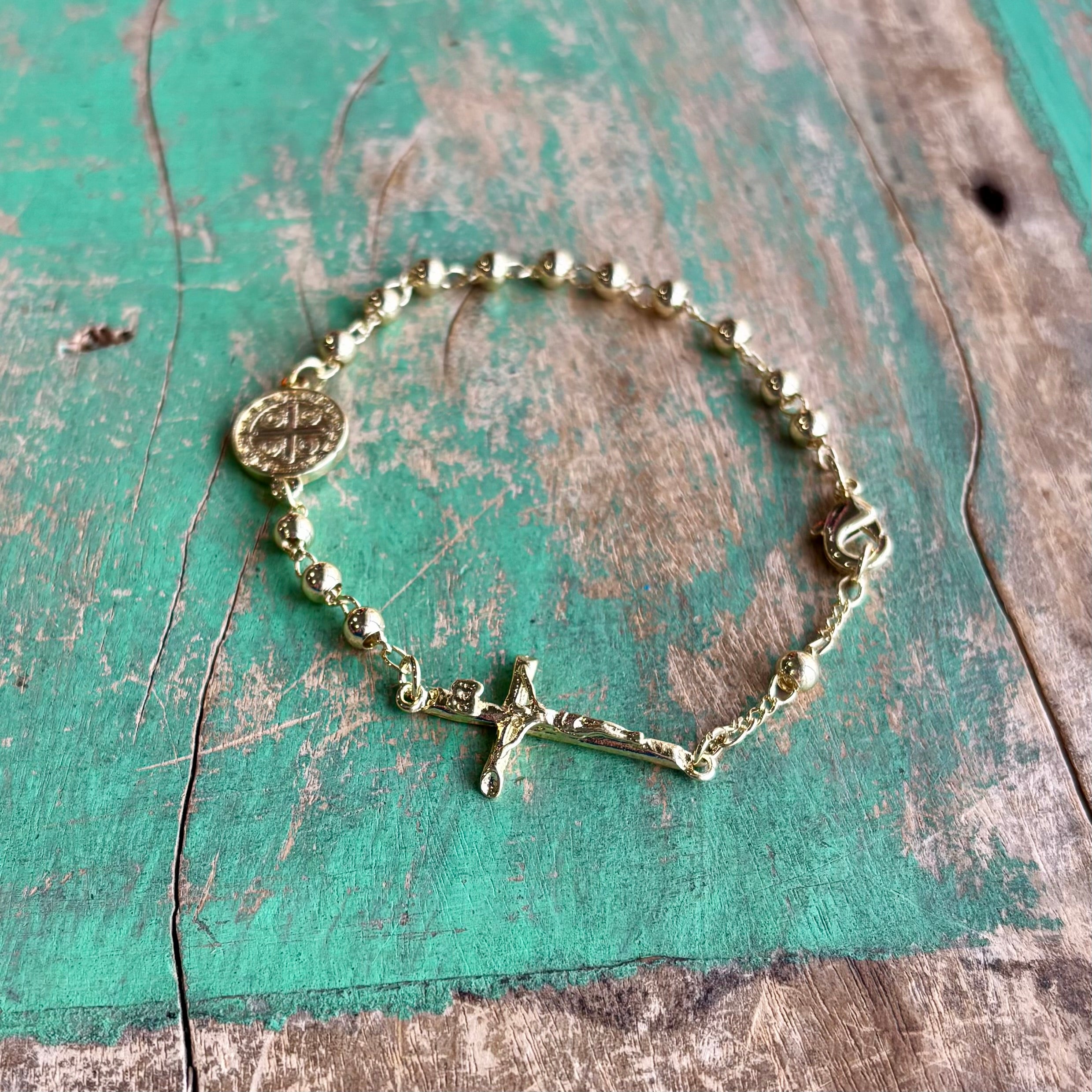 Gold St Benedict Rosary Decade Bracelet