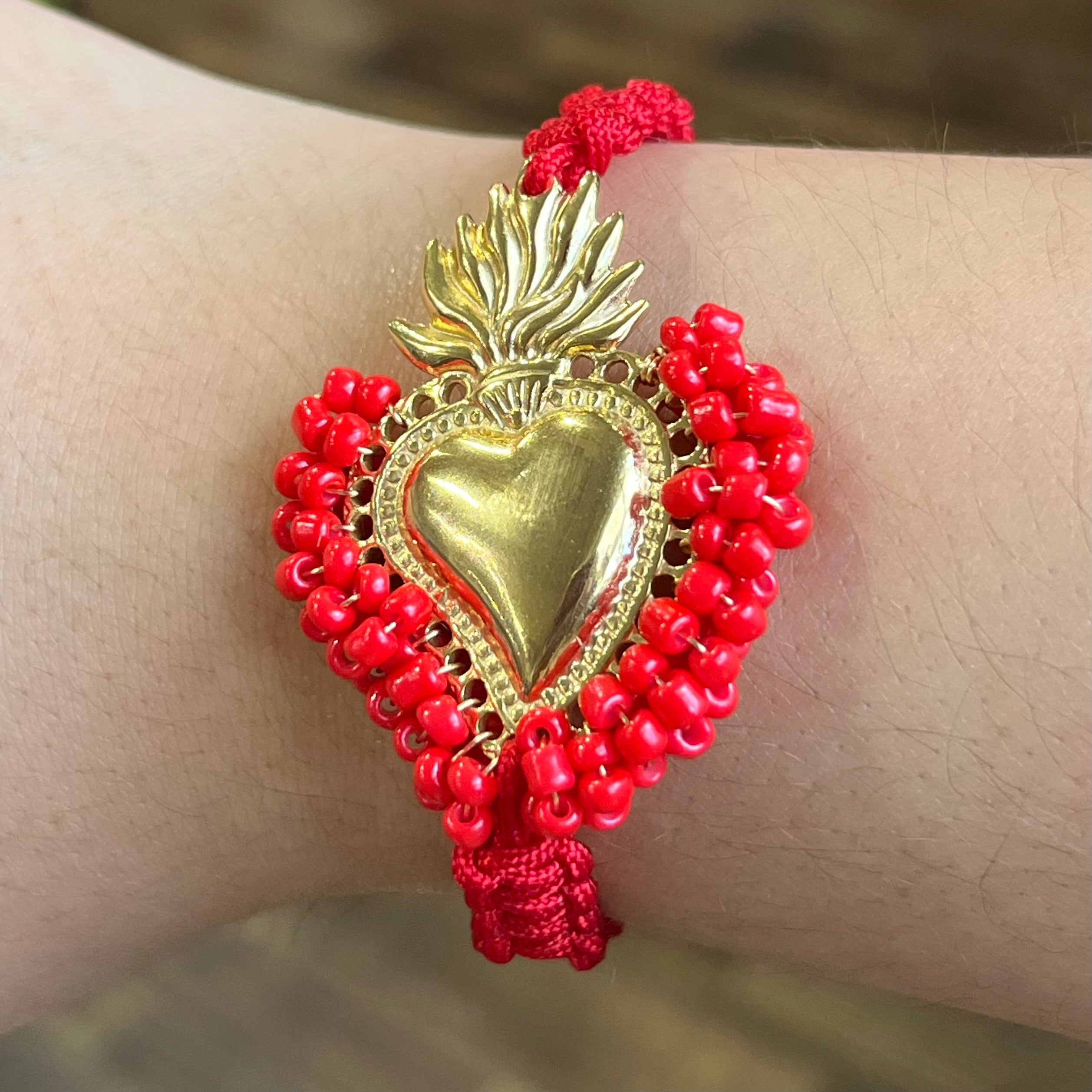 Red Cord Beaded Sacred Heart Bracelet