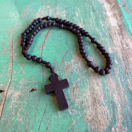 Dark Brown Wood and Cord Small Rosary