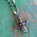 Long Crystal Cross Pearl and Grey Neckace